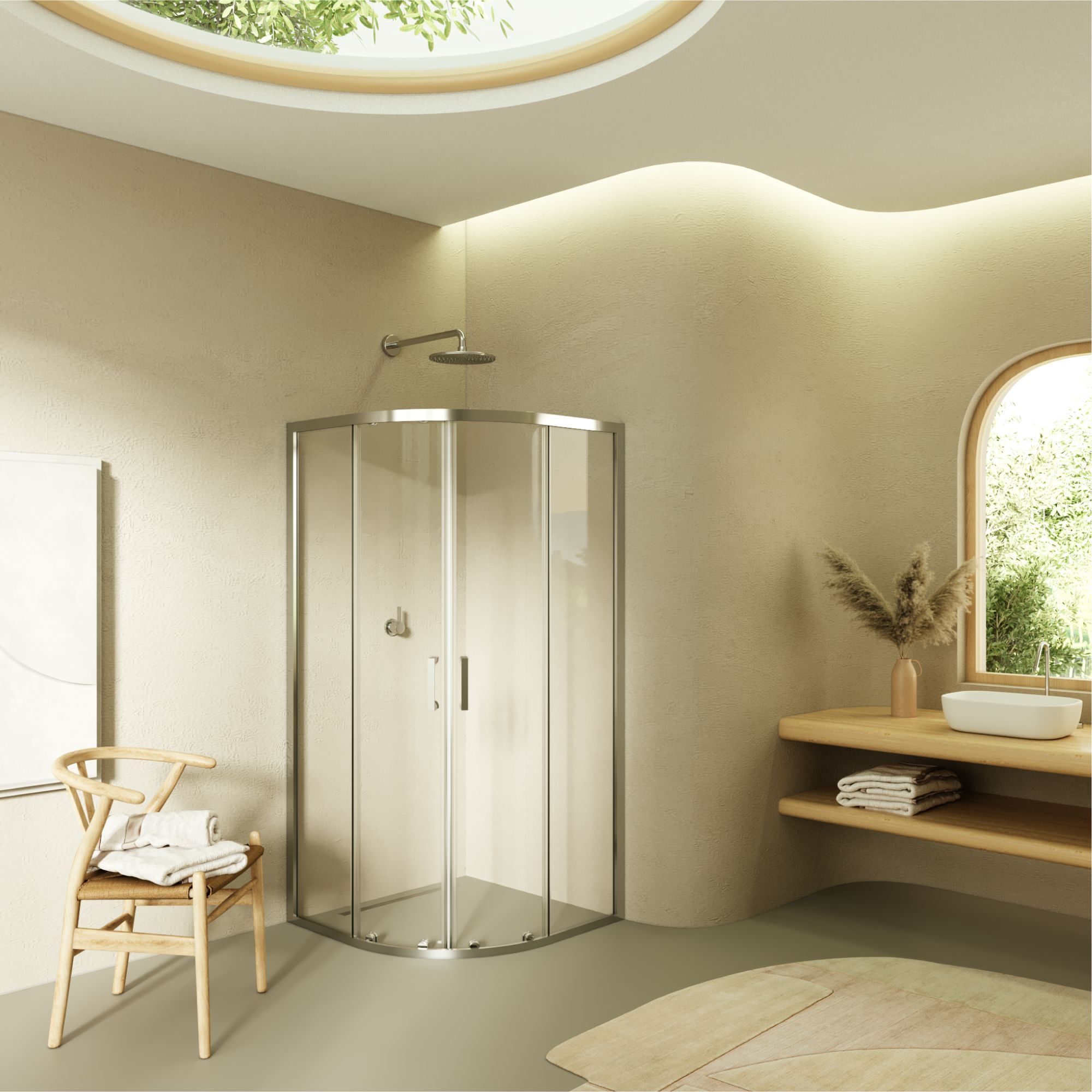 Viertelkreisdusche Ella mit Schiebetüren aus ESG Sicherheitsglas Viertelkreisdusche Ella mit Schiebetüren aus ESG Sicherheitsglas