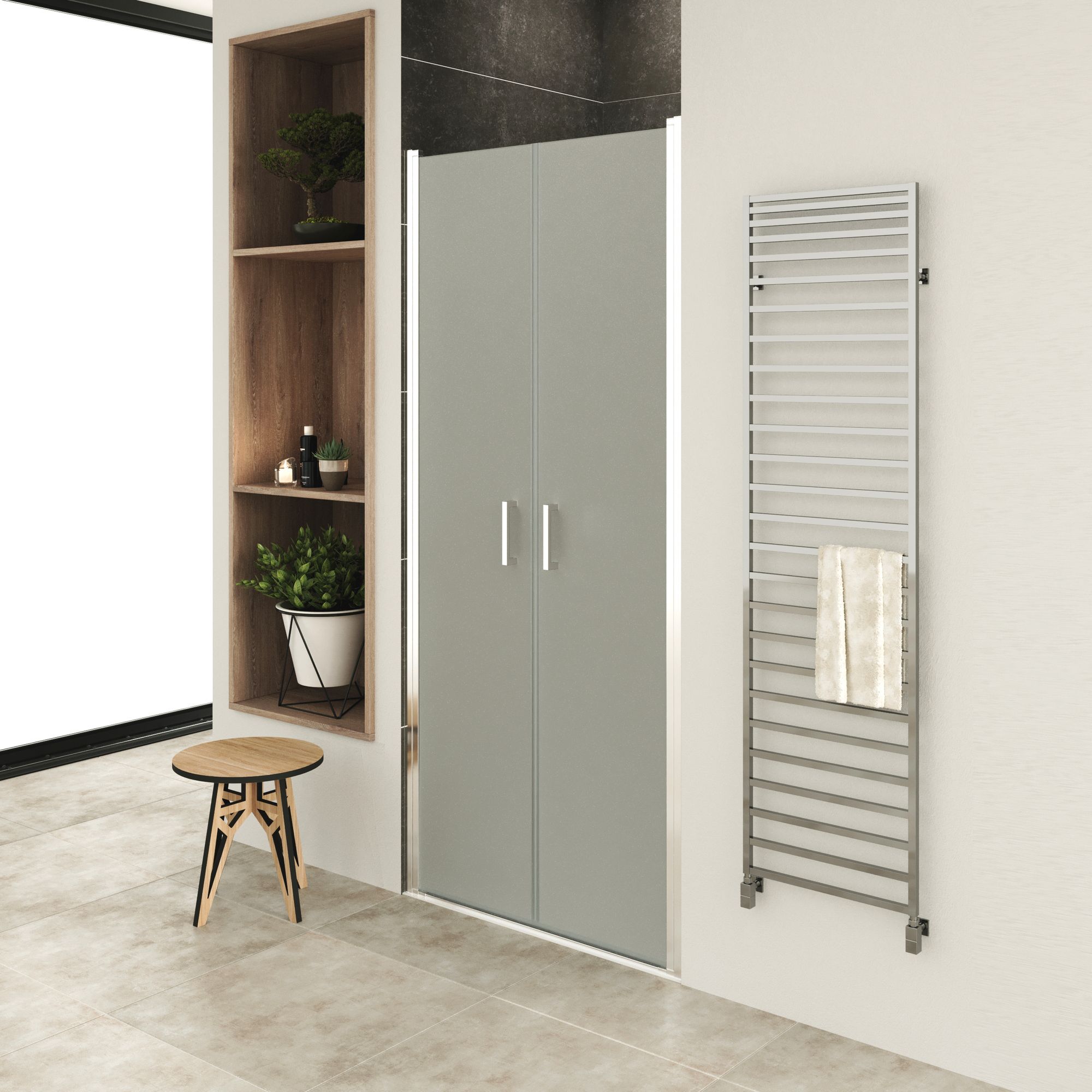 Shower Door Lara with Hinged Doors and Stainless Steel Handles, 68-104 cm, made of Frosted ESG Safety Glass Lara – Shower Door with Hinged Doors and Stainless Steel Handles, 68-104 cm, made of Frosted ESG Safety Glass