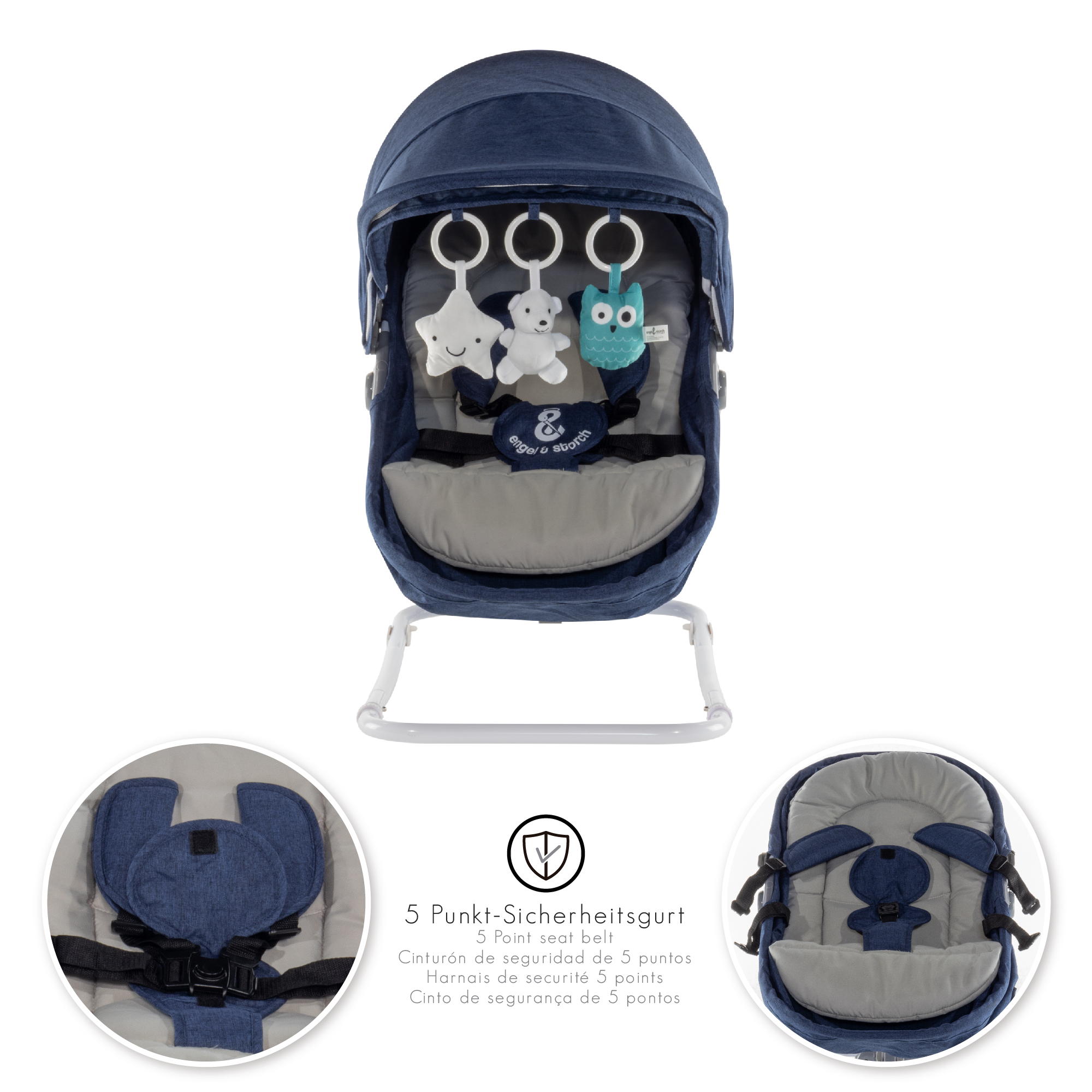 Babywippe PAVO mit Wiegenfunktion und Spielebogen Blau + Grau Babywippe PAVO mit Wiegenfunktion und Spielebogen Blau + Grau