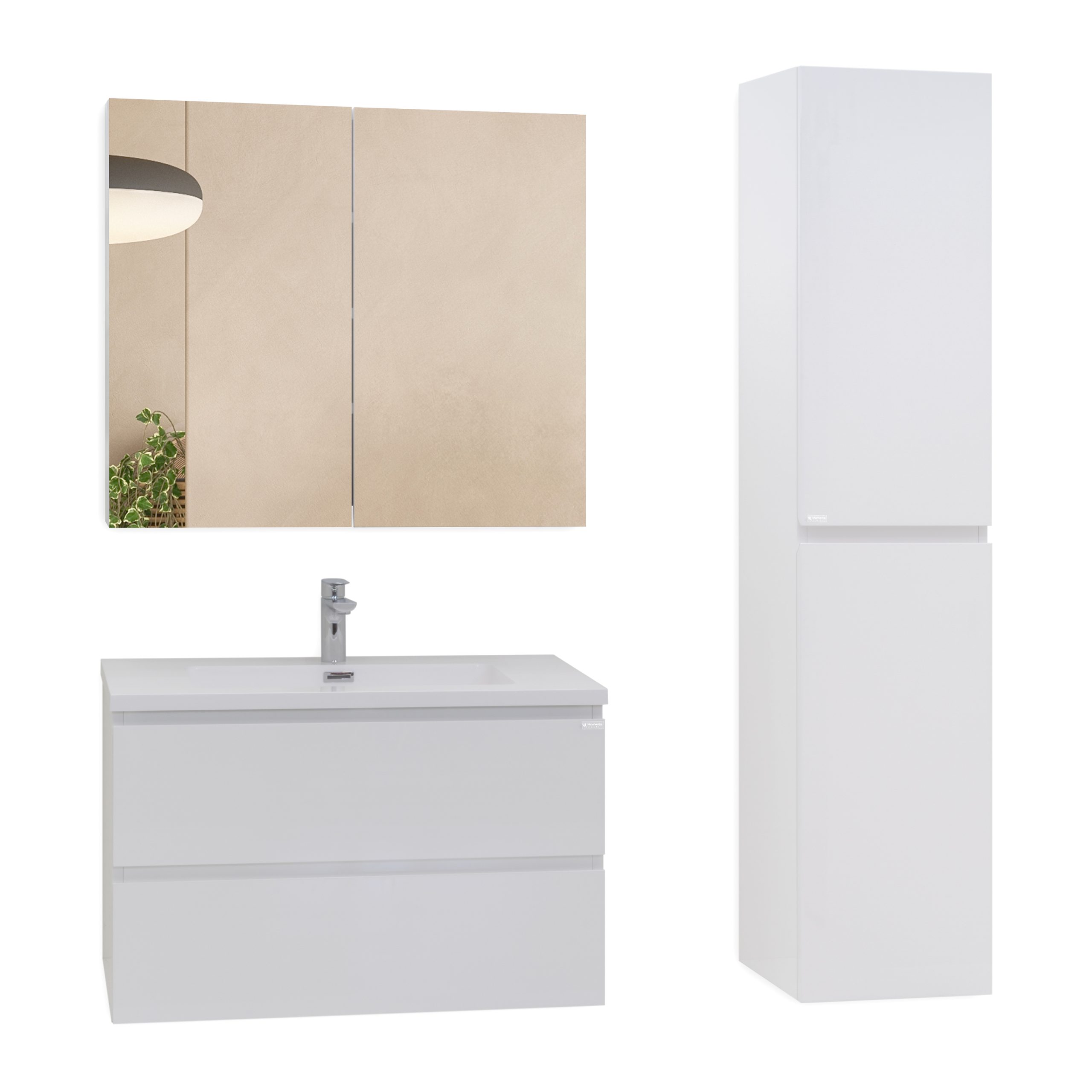 Badmöbel-Set Atena [60/80/100 cm] mit Mineralharz-Waschbecken in Hochglanz Weiß, Unterschrank mit Spiegel und hängendem Hochschrank in Weiß zur Aufbewahrung