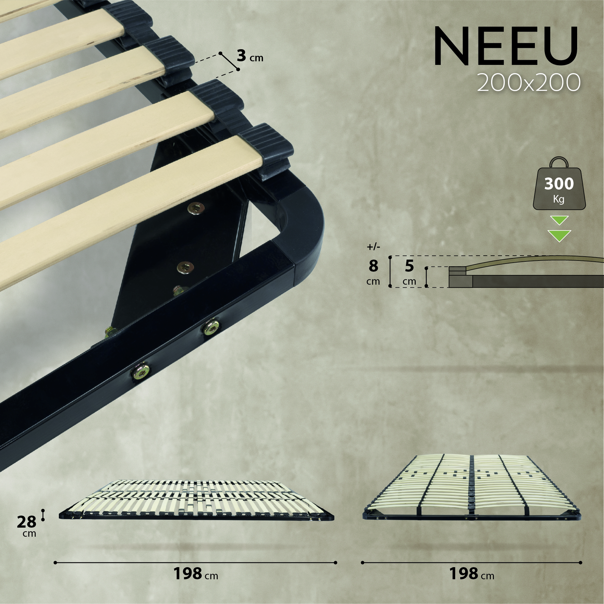 NEEU Slatted Frame with Sturdy Metal Frame - Suitable for All Mattresses