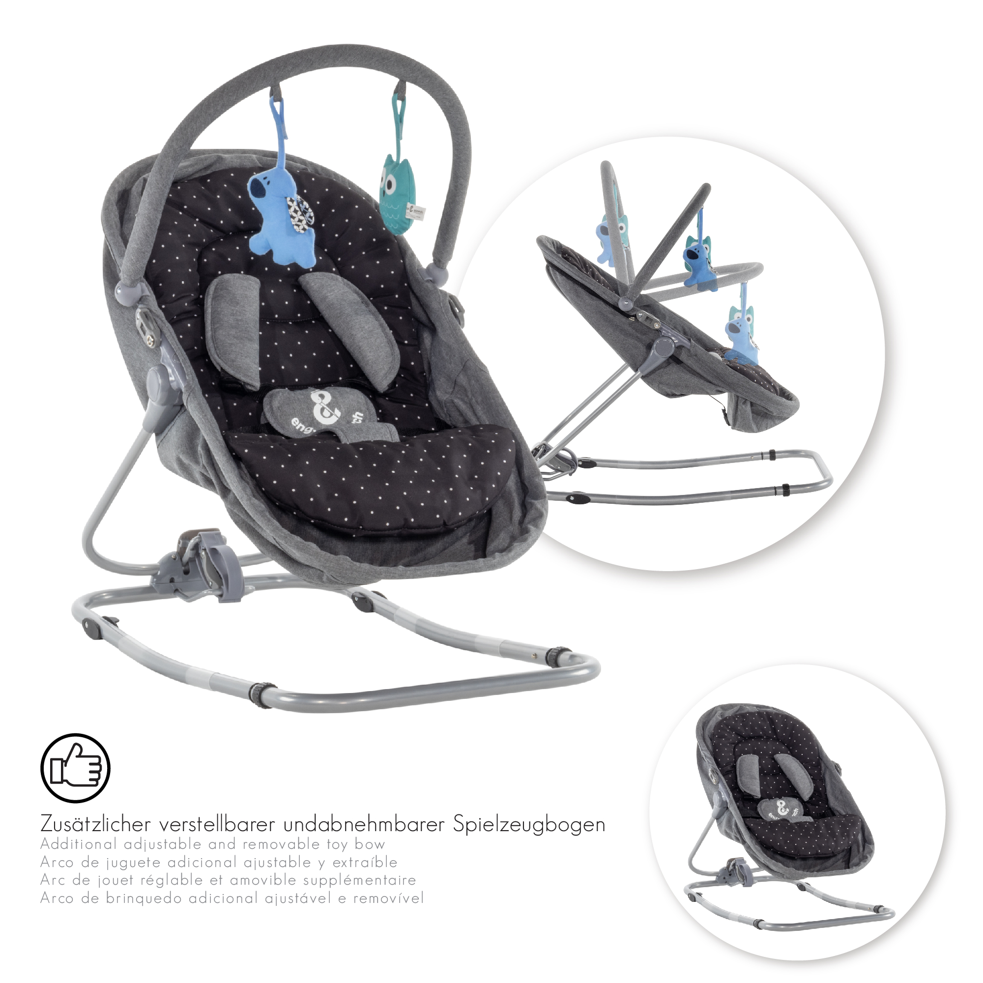 Babywippe PAVO mit Wiegenfunktion und Spielebogen Grau + Schwarz weiße Punkte