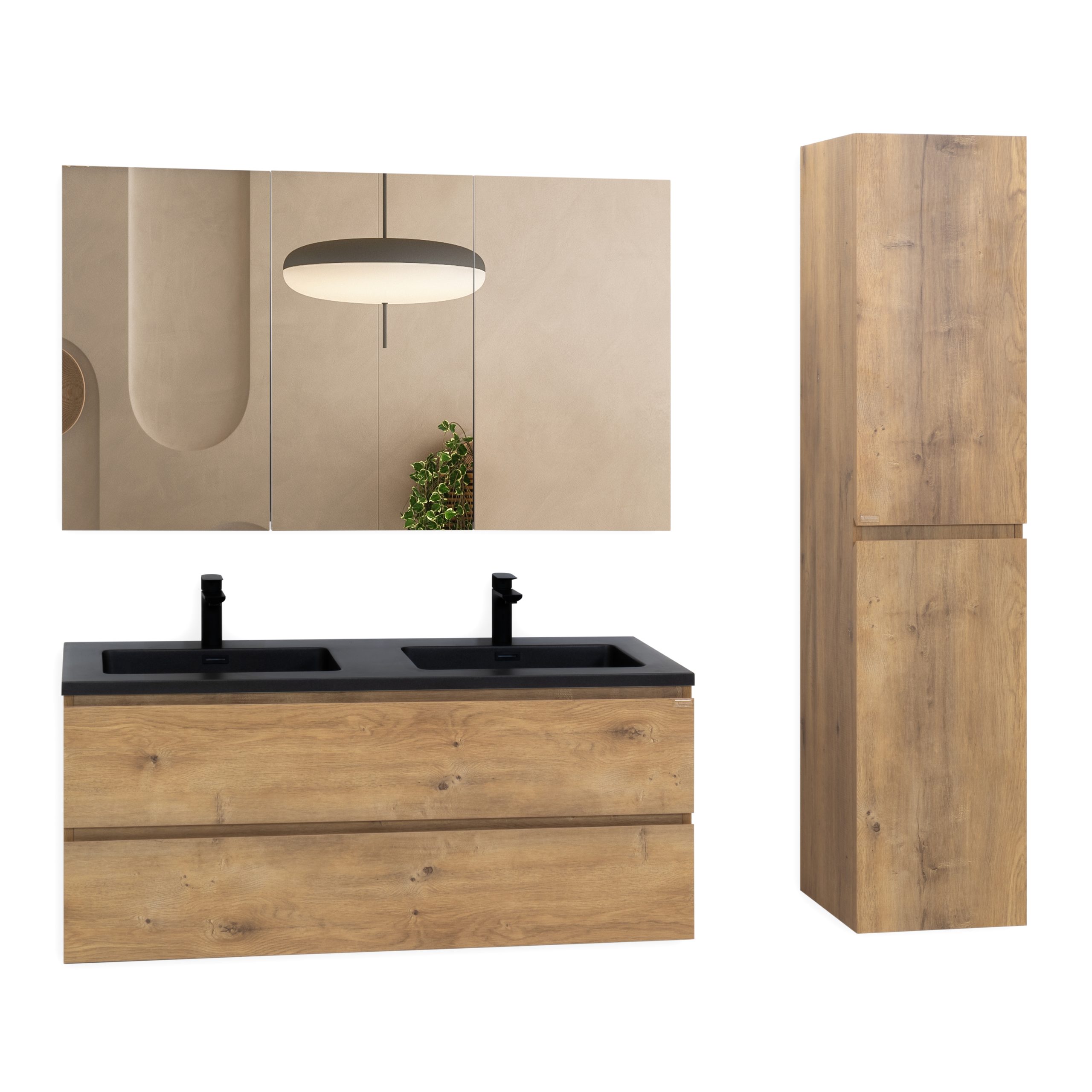 Badmöbel-Set Atena [120 cm] mit Mineralharz-Waschbecken in Hochglanz Schwarz, Unterschrank mit Spiegel und hängendem Hochschrank in Eiche