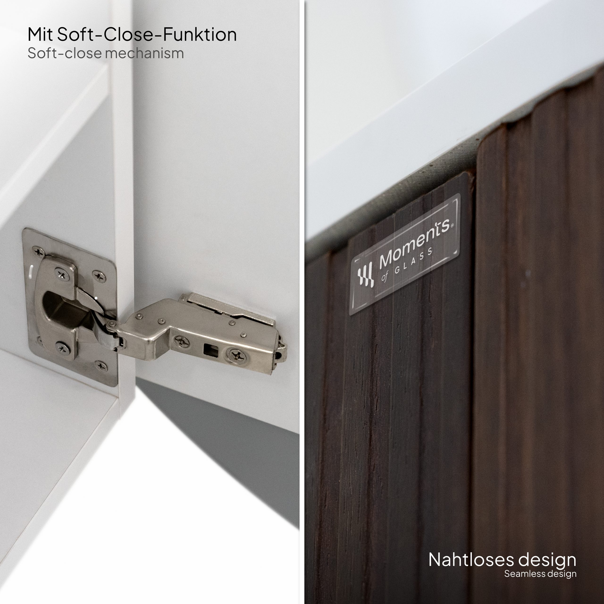 Badmöbel-Set Maia Plus, wandhängend, mit lamellenförmigem Nussbaumdekor, Mineralguss-Waschtisch und LED-Spiegel mit Antibeschlag