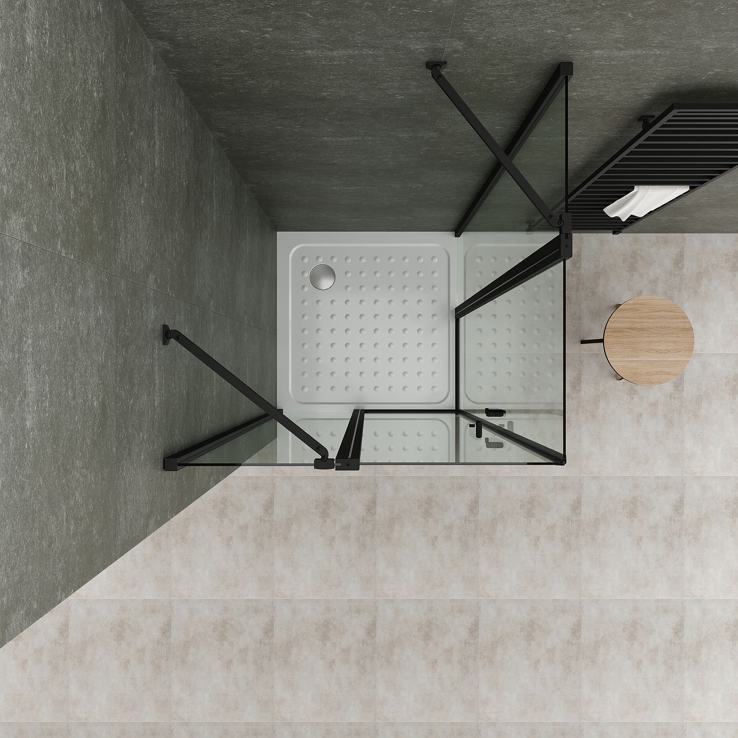 Eckeinstieg Linda mit Klapptüren und schwarzen Profilen aus ESG Sicherheitsglas