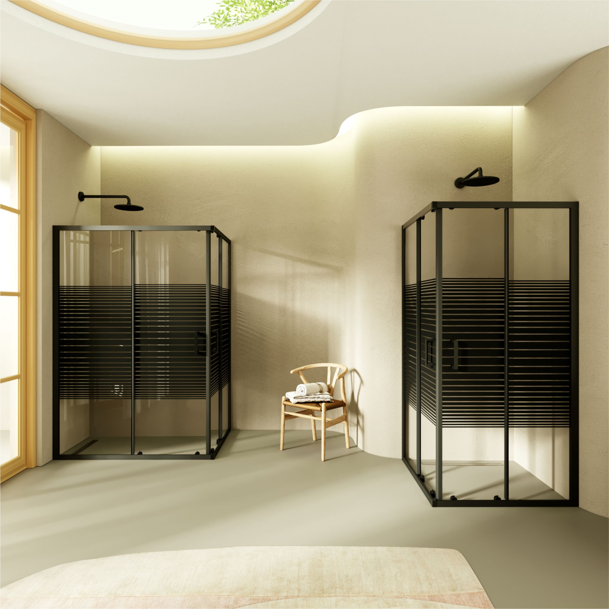 Eckeinstieg Danielle mit Schiebetüren aus schwarz gestreiftem ESG Sicherheitsglas