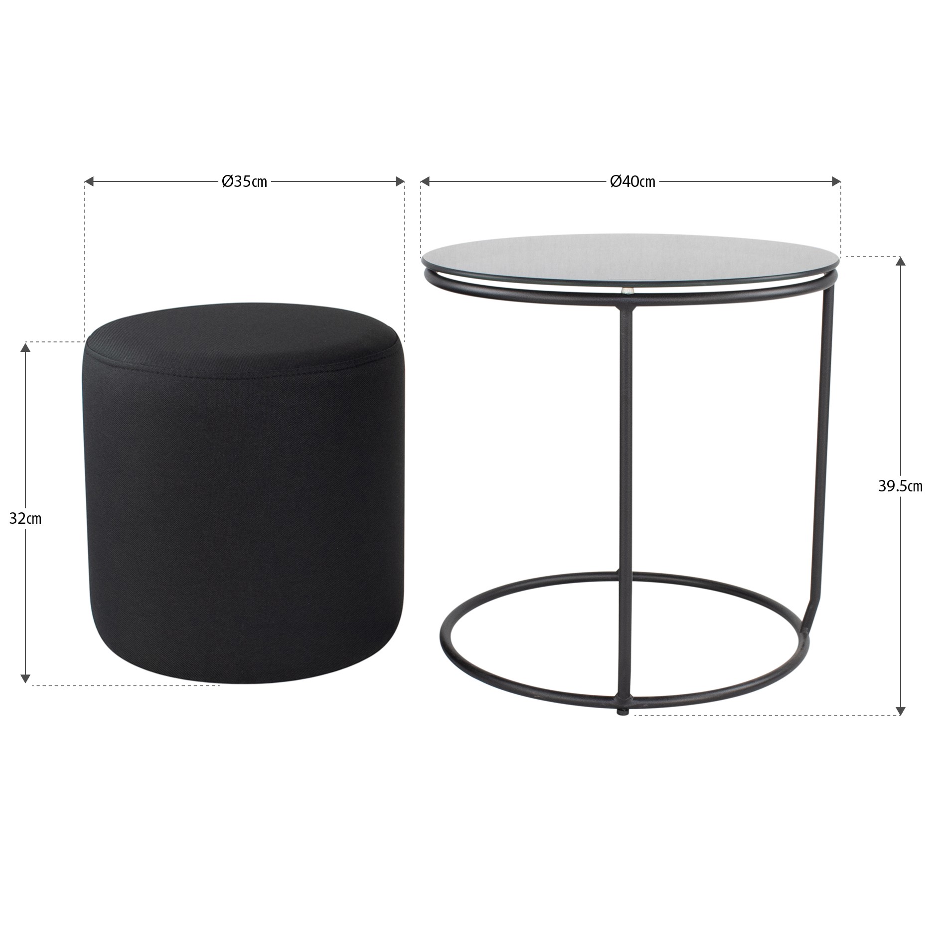 Beistelltisch mit Hocker JASPER runder Couchtisch 40x40 cm Schwarz-Schwarz N2