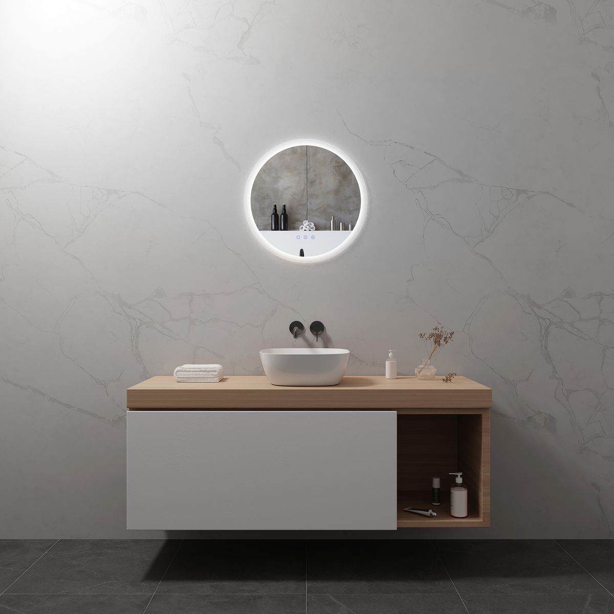 LED Badspiegel Mellow Badezimmerspiegel mit dimmbarer Beleuchtung, Farbwechsel und Antibeschlag-Funktion IP44 60 x 60 cm RADIUS – Runder LED Badspiegel Badezimmerspiegel mit dimmbarer Beleuchtung, Farbwechsel und Antibeschlag-Funktion IP44