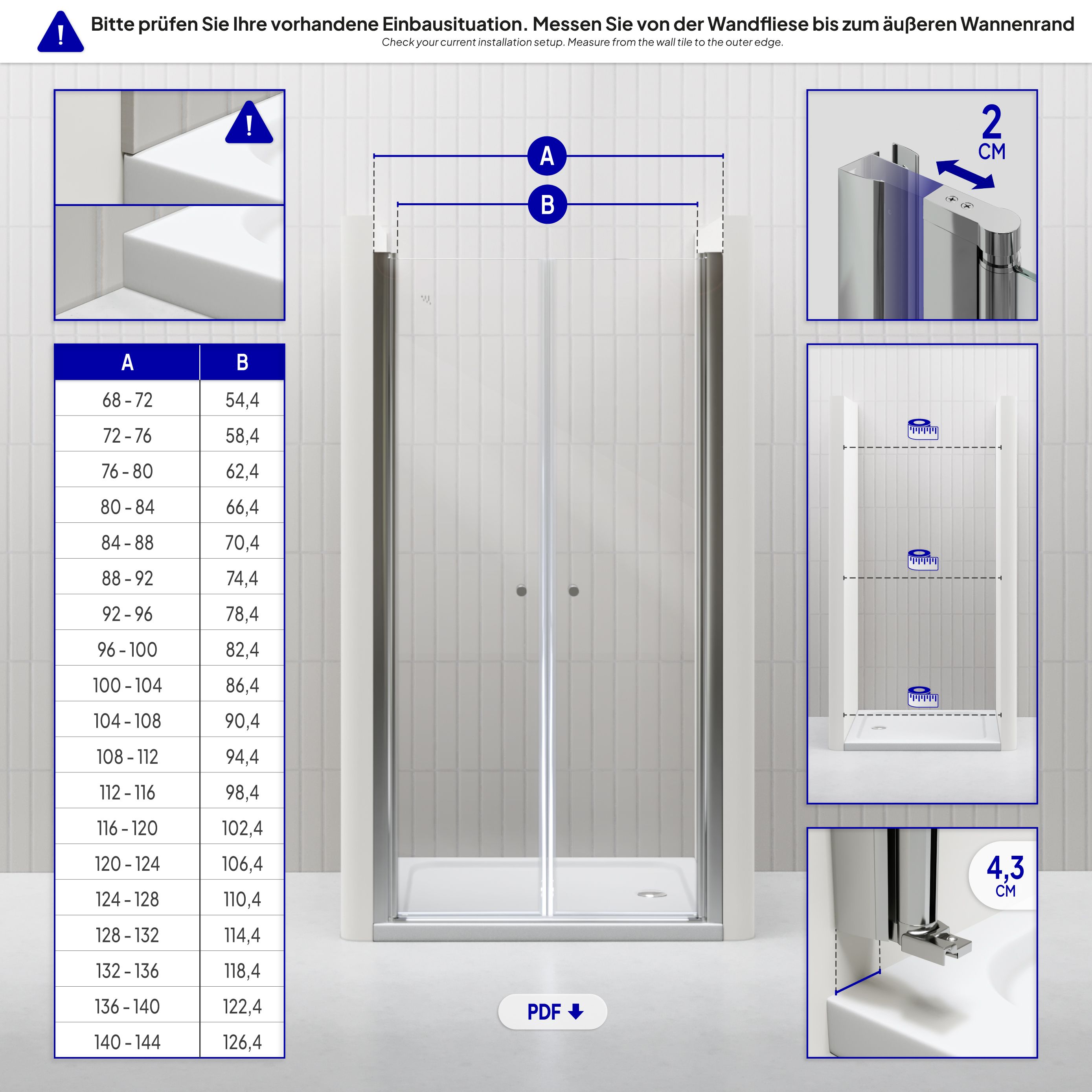 Shower Door Lima with Hinged Doors 68-140 cm made of ESG Safety Glass Shower Door Lima with Hinged Doors 68-140 cm made of ESG Safety Glass