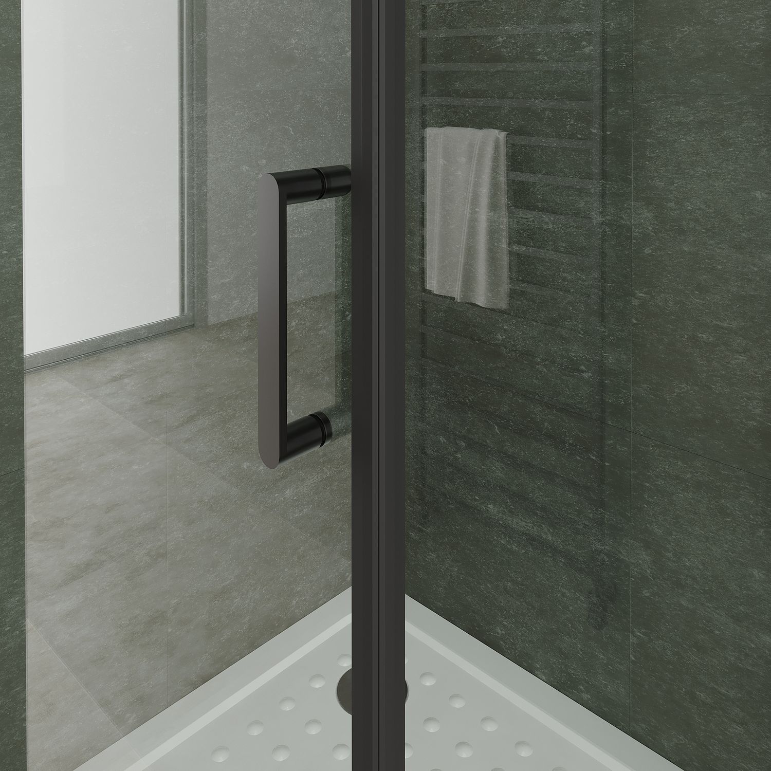 Fronteinstieg Hellen mit Klapptür und schwarzen Profilen aus ESG Sicherheitsglas Fronteinstieg Hellen mit Klapptür und schwarzen Profilen aus ESG Sicherheitsglas