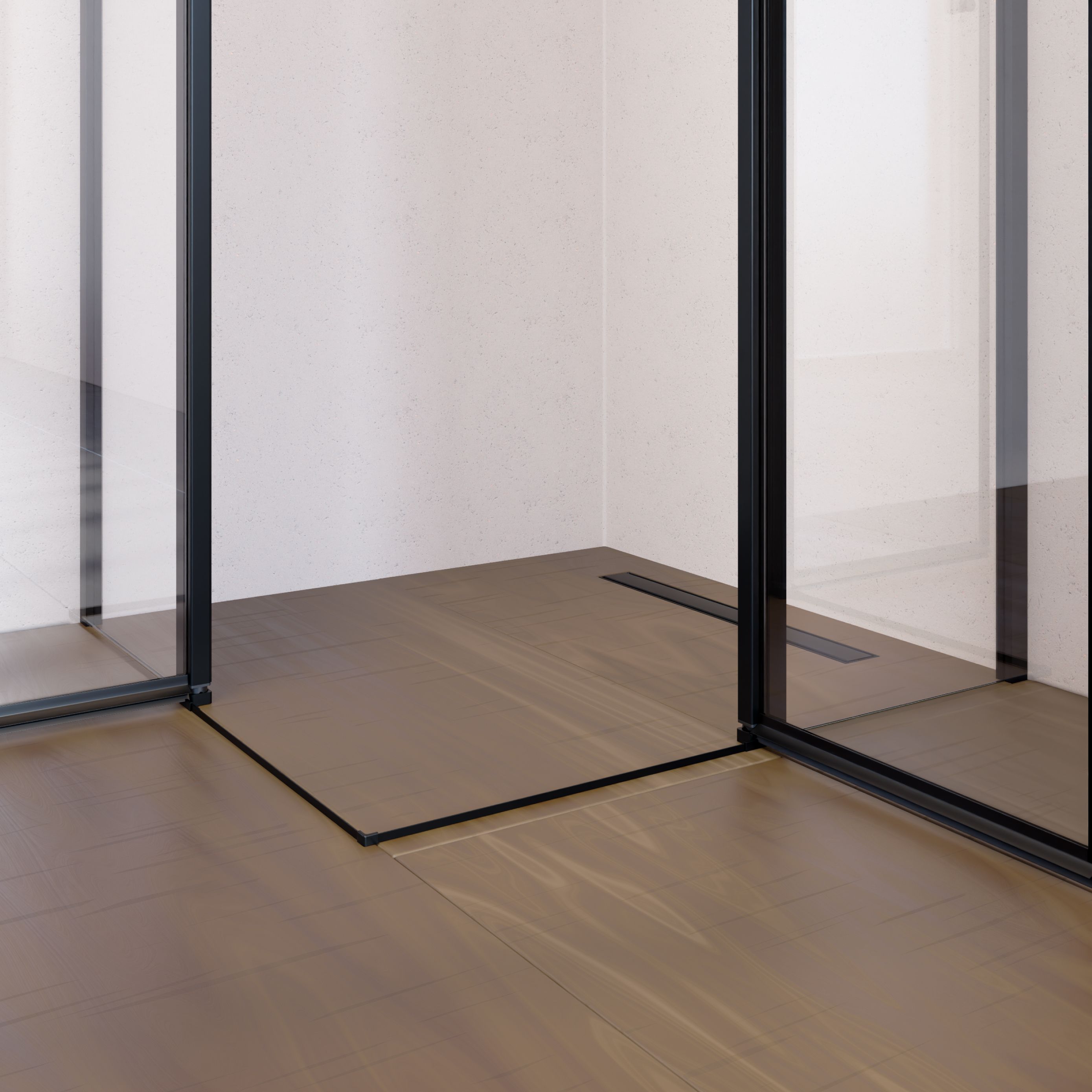 Corner Entry Linda with Folding Doors and Black Profiles Made of ESG Safety Glass