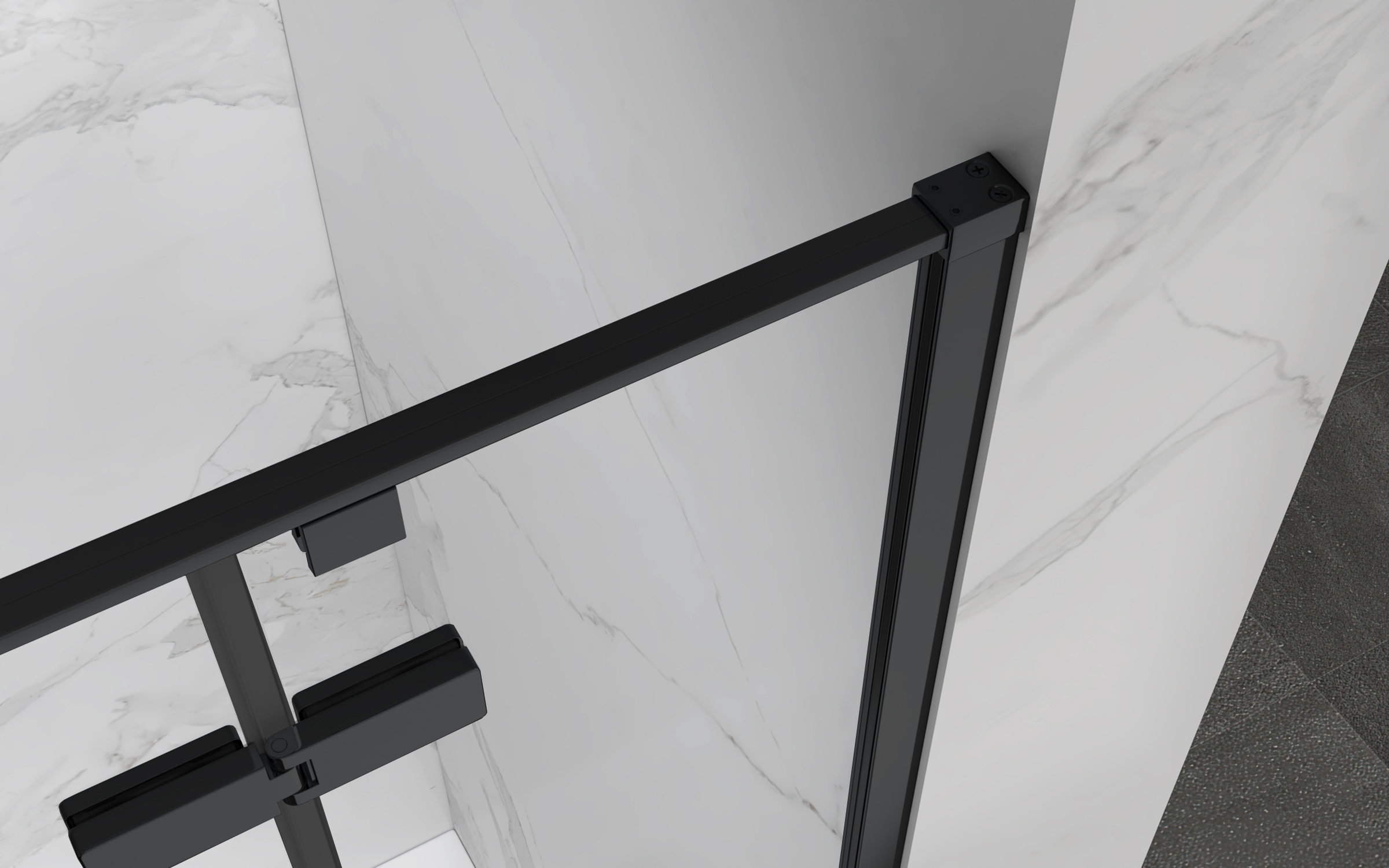 Eckeinstieg Jayla mit Drehtüren und schwarzen Profilen aus ESG Sicherheitsglas Eckeinstieg Jayla mit Drehtüren und schwarzen Profilen aus ESG Sicherheitsglas