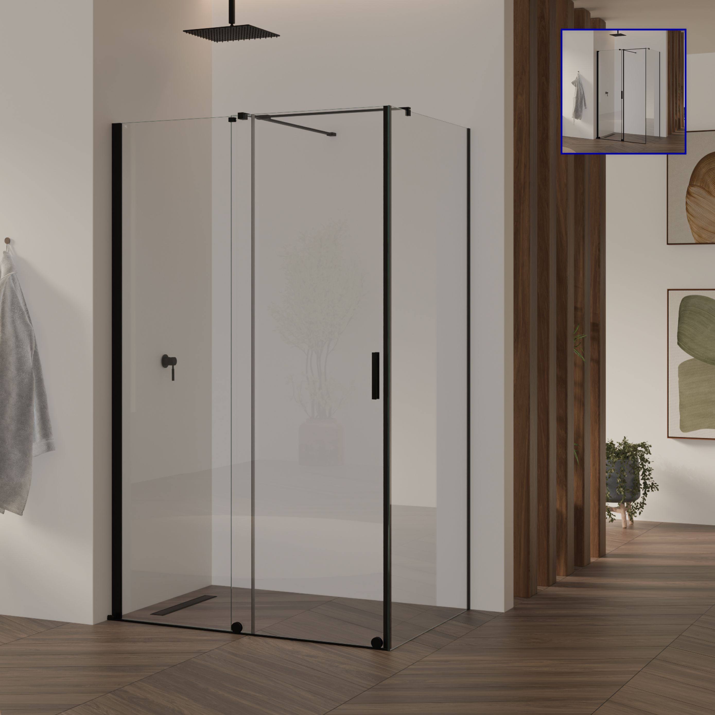 Front-entry NADINE with sliding door in black made of 8mm tempered clear glass.