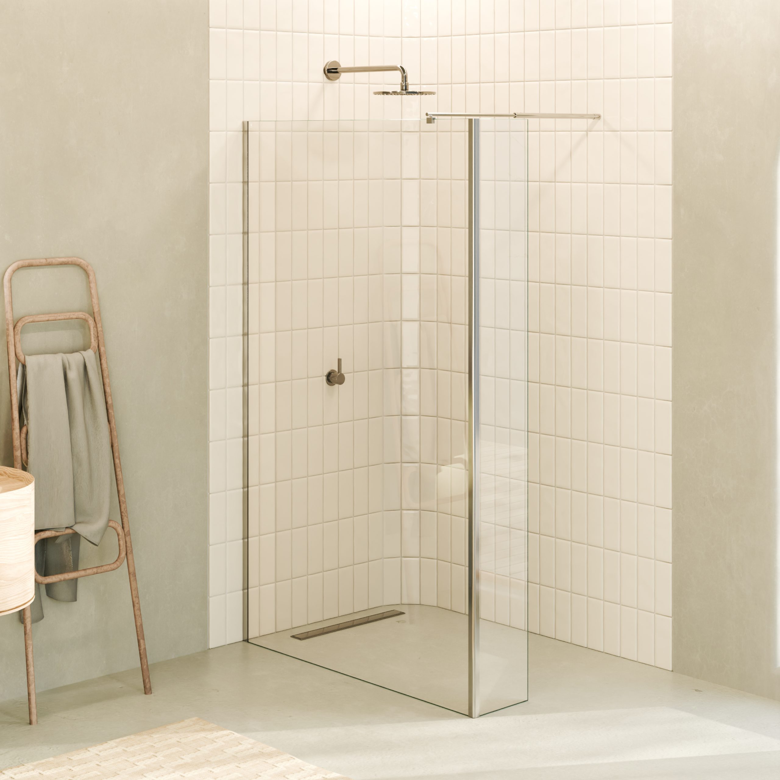 Walk In Dusche FIONA aus 10 mm klarem ESG Sicherheitsglas mit Spritzschutz und Edelstahl Profile FIONA – Walk In Dusche aus 10 mm klarem ESG Sicherheitsglas mit Spritzschutz