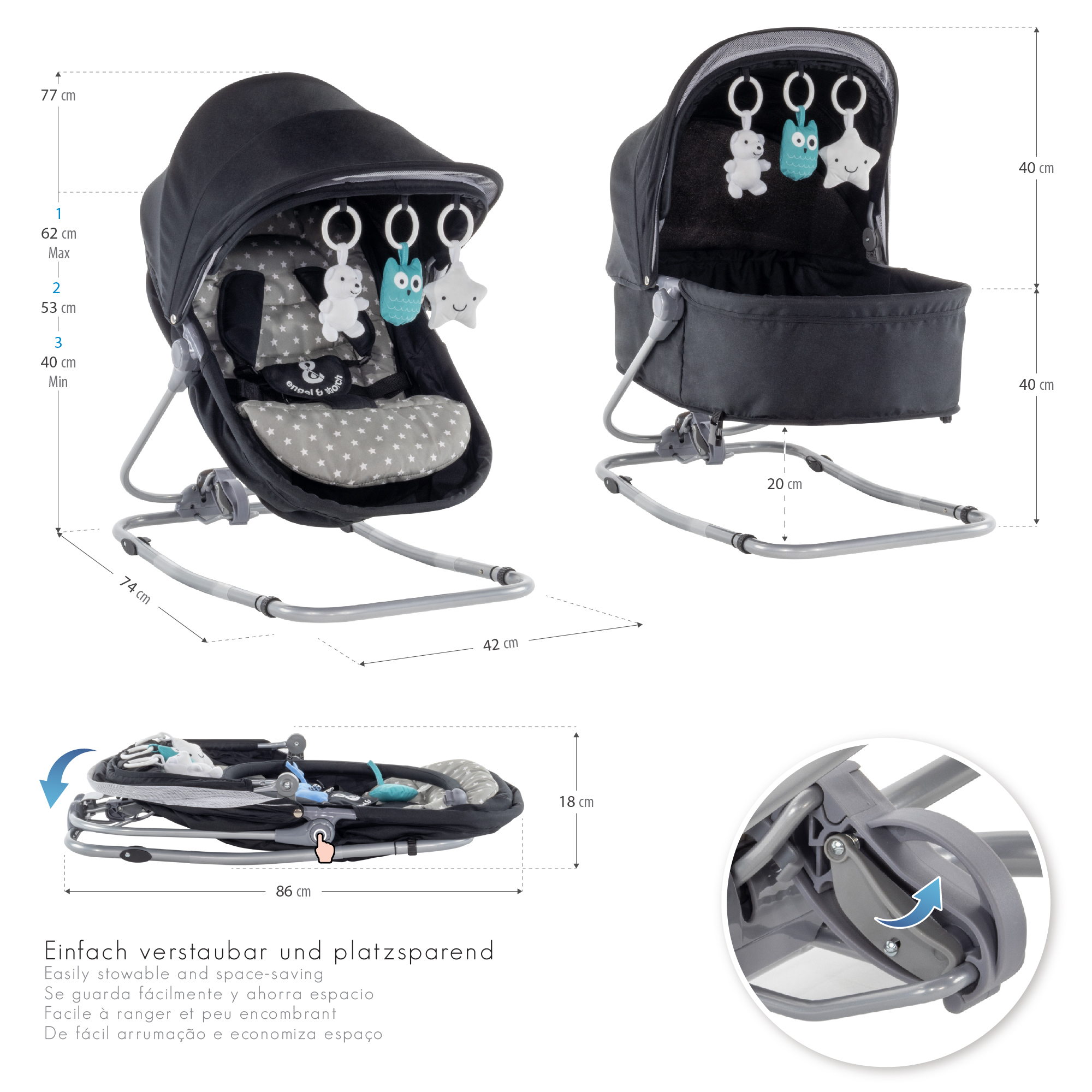 Babywippe PAVO mit Wiegenfunktion und Spielebogen Schwarz + Grau weiße Sterne Babywippe PAVO mit Wiegenfunktion und Spielebogen Schwarz + Grau weiße Sterne