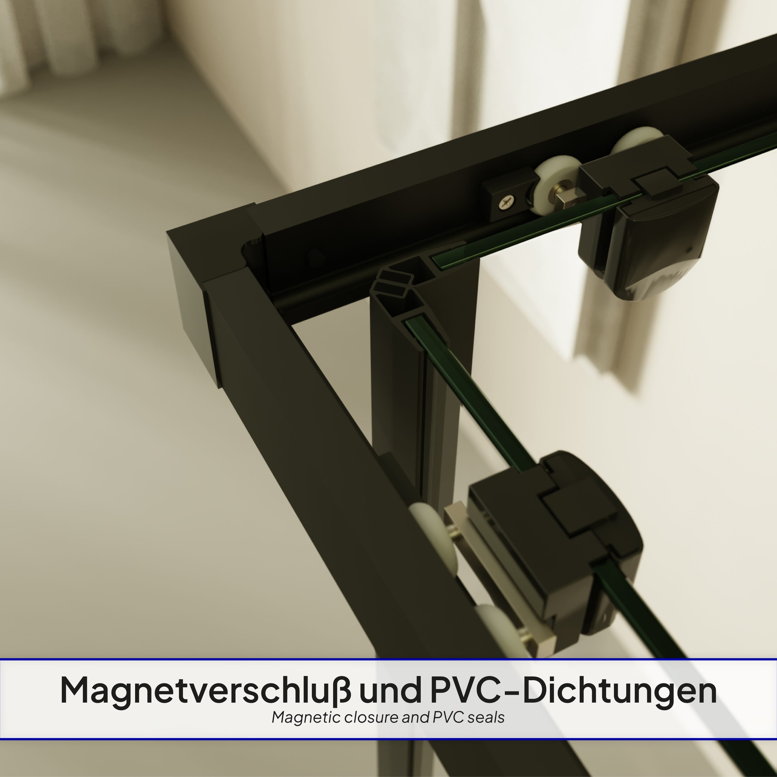Corner entry Danielle with sliding doors and black profiles made of ESG safety glass.