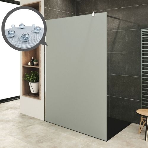 Walk In Dusche Fiona aus 10 mm starkem satiniertem ESG Sicherheitsglas und Edelstahl Profil