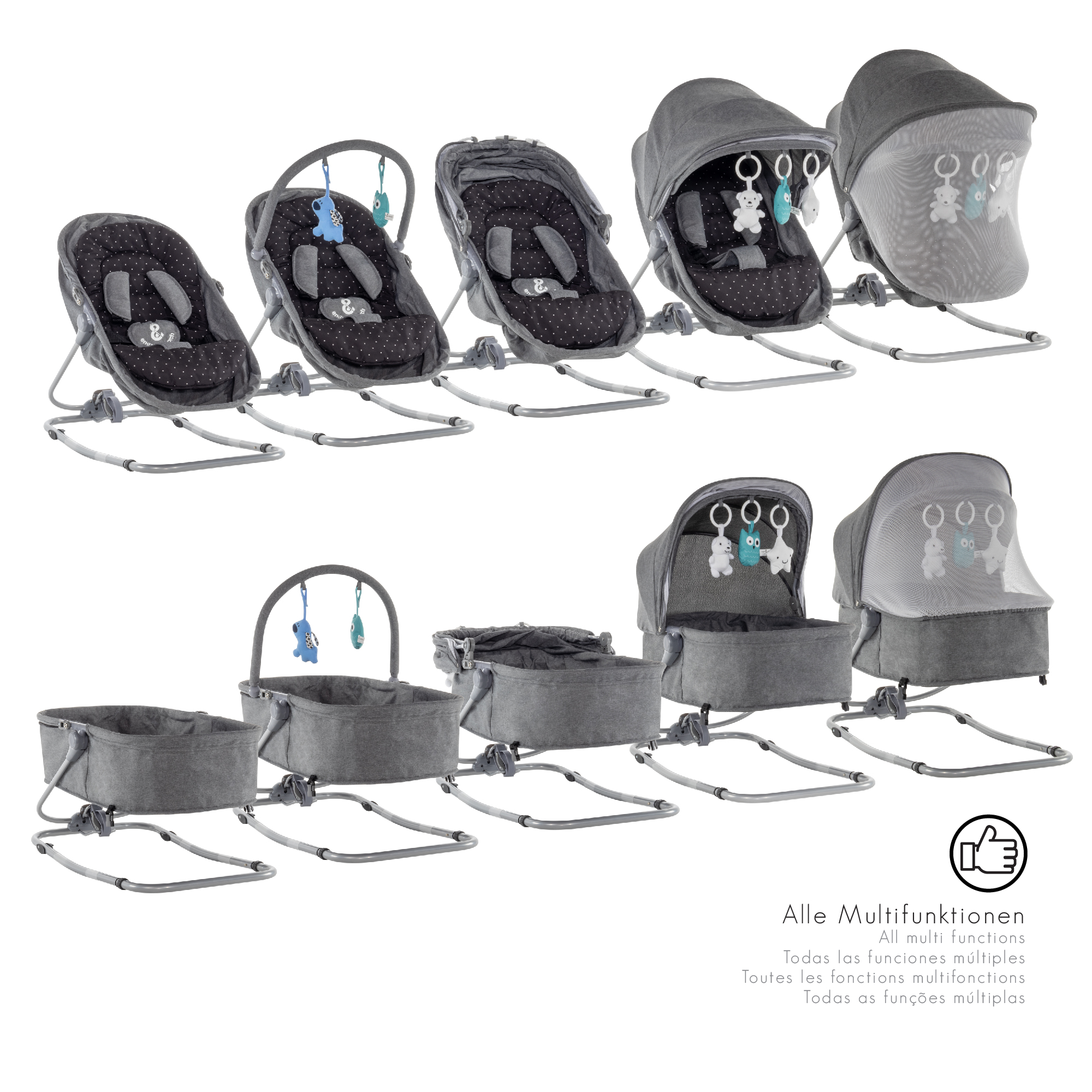 Babywippe PAVO mit Wiegenfunktion und Spielebogen Grau + Schwarz weiße Punkte