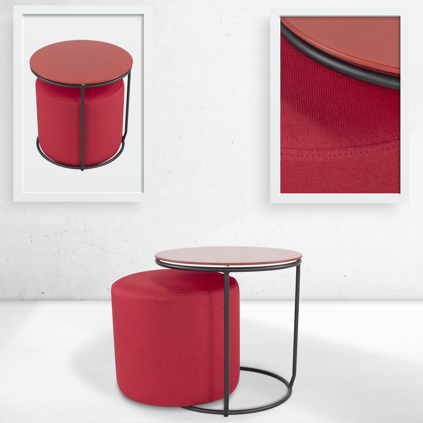 Beistelltisch mit Hocker JASPER  runder Couchtisch 40x40 cm Schwarz-Rot N6