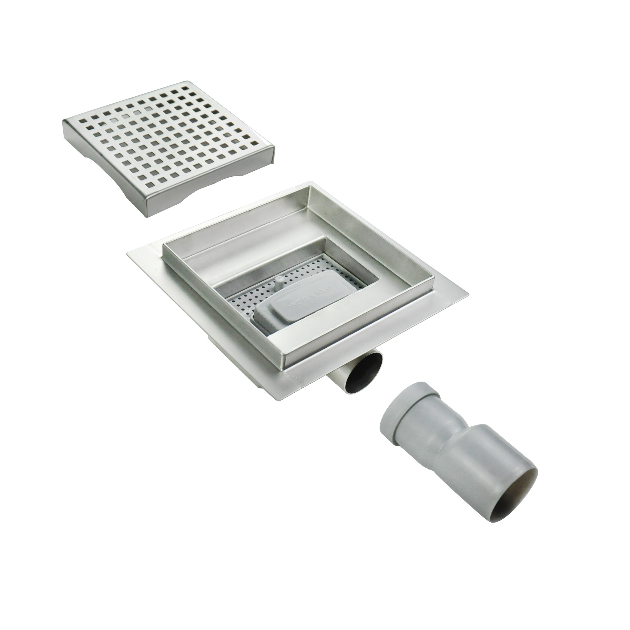 Square Shower Drain Q5 made of Stainless Steel for Flat Installation with Square Pattern