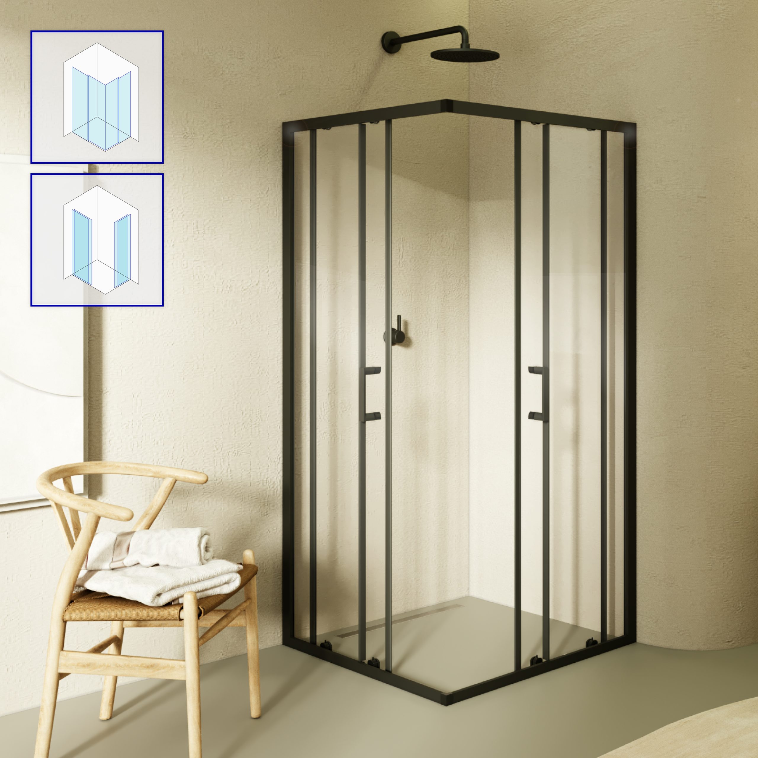 Corner entry Danielle with sliding doors and black profiles made of ESG safety glass.