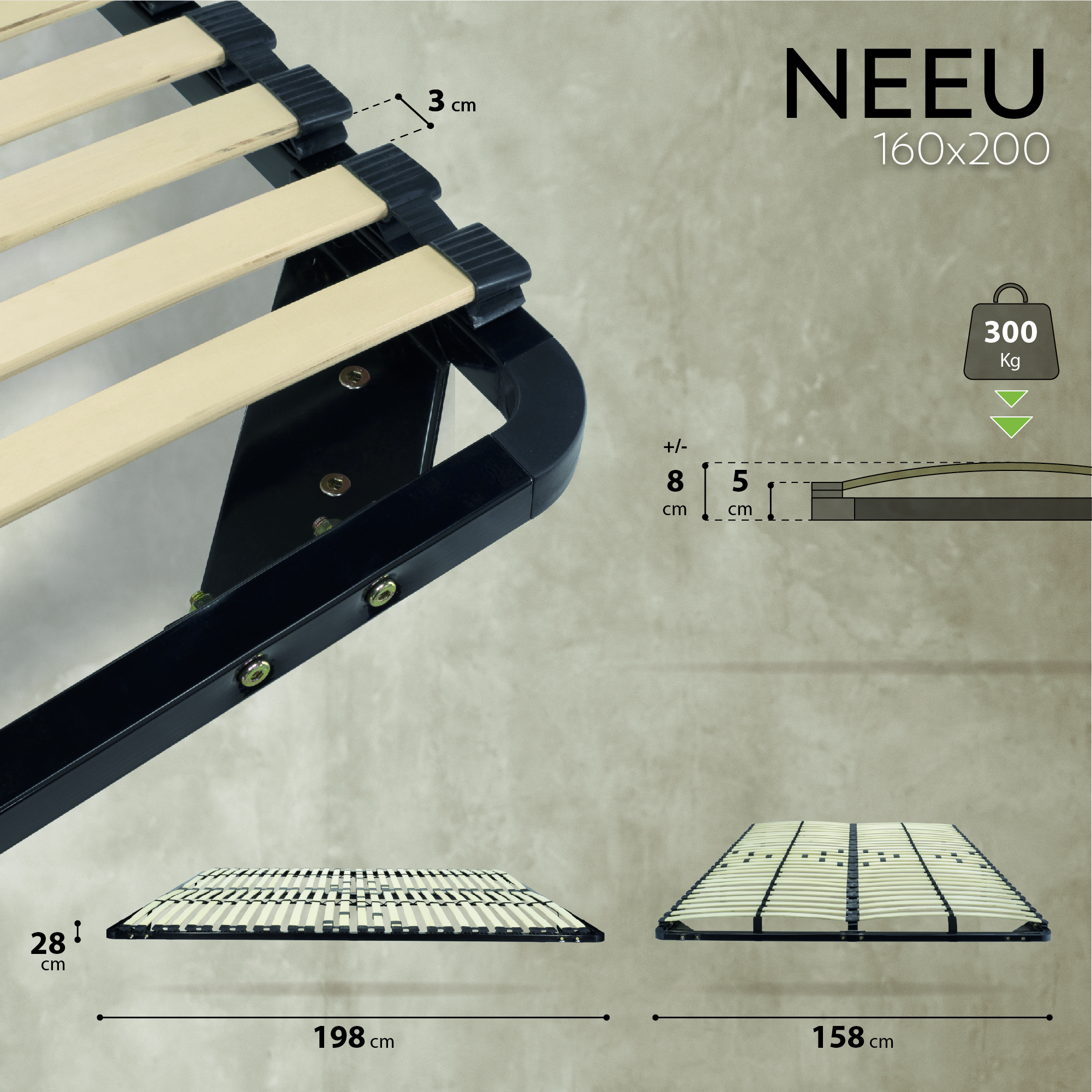 NEEU Slatted Frame with Sturdy Metal Frame - Suitable for All Mattresses