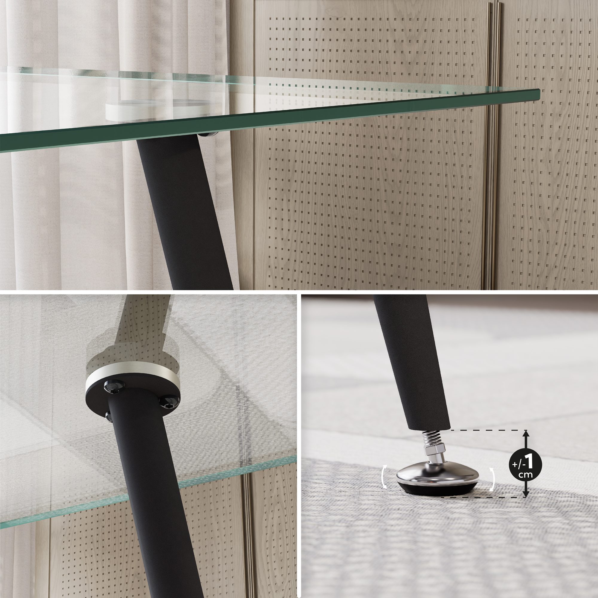 Esszimmer-Tisch BEALE | Tischplatte: Transparentes Glas | Beine: Schwarz