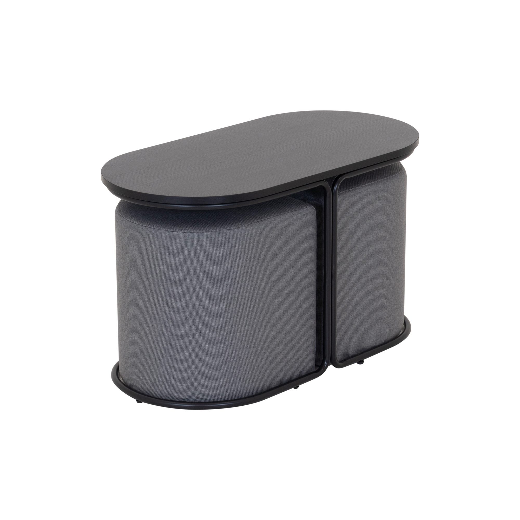 Couchtisch DUNCAN mit 2 Sitzmodulen | Tischplatte in schwarzer Holzoptik und Metallgestell