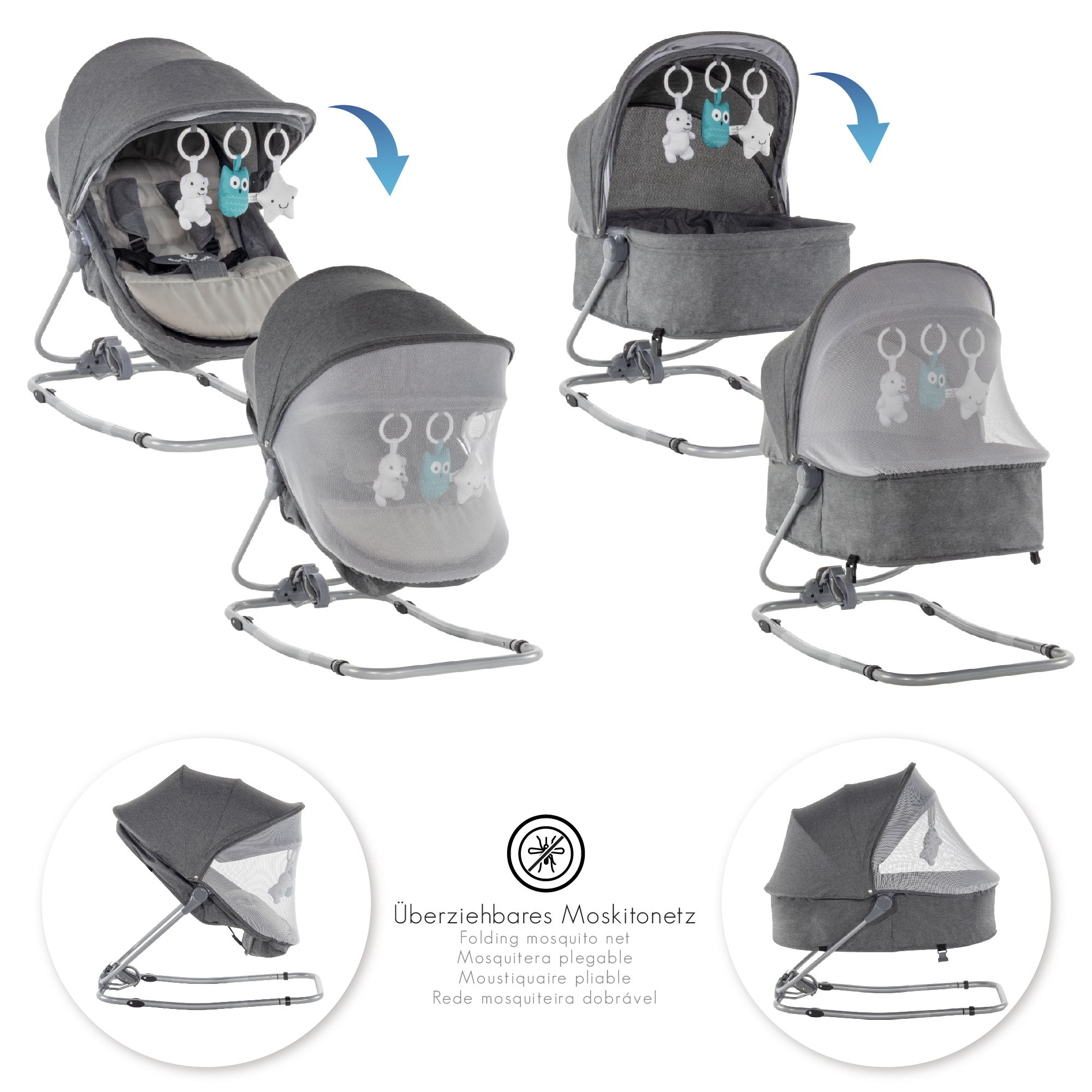 Babywippe PAVO mit Wiegenfunktion und Spielebogen Grau + Grau Babywippe PAVO mit Wiegenfunktion und Spielebogen Grau + Grau