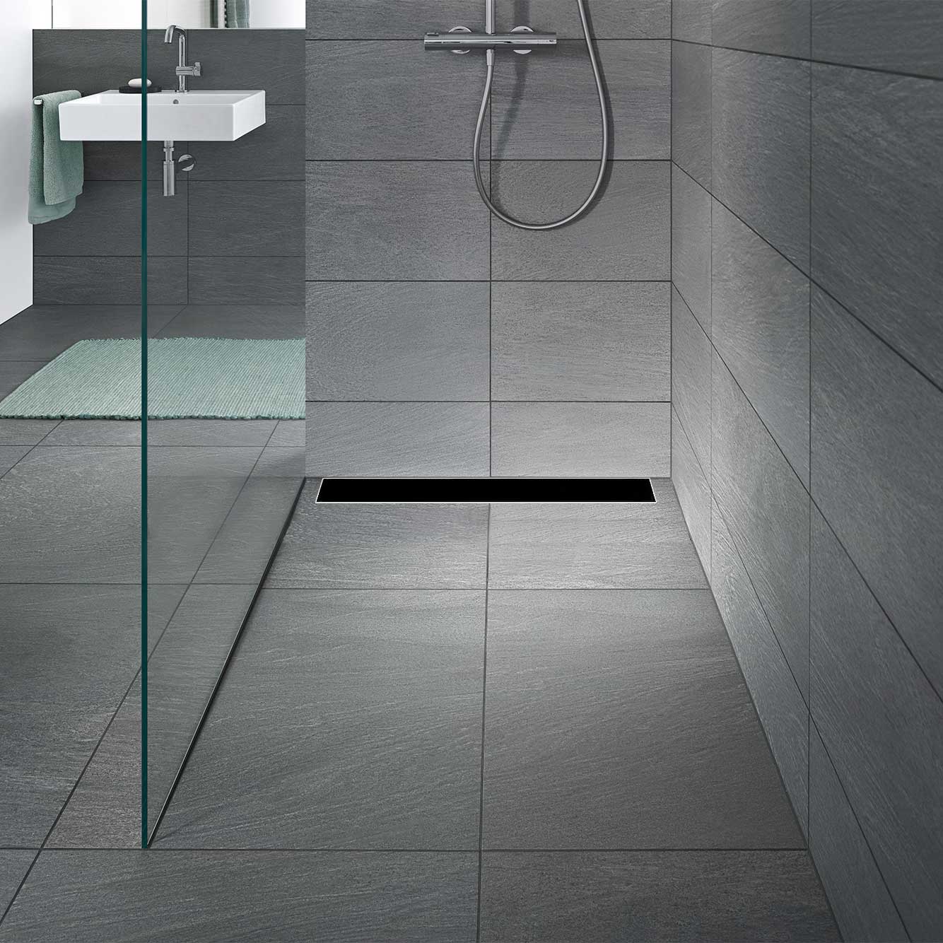 Duschrinne R3 aus Edelstahl für flache Installation inkl. Ablaufblende aus schwarzem Glas