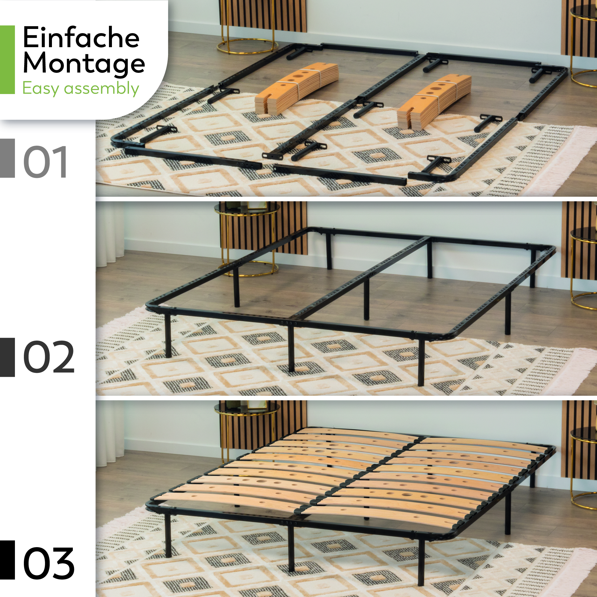 Metallbett AUSTEN BLACK mit Holzlamellen – Stabiler Metallrahmen in Schwarz, 23 cm Höhe & praktische Unterbett-Aufbewahrung
