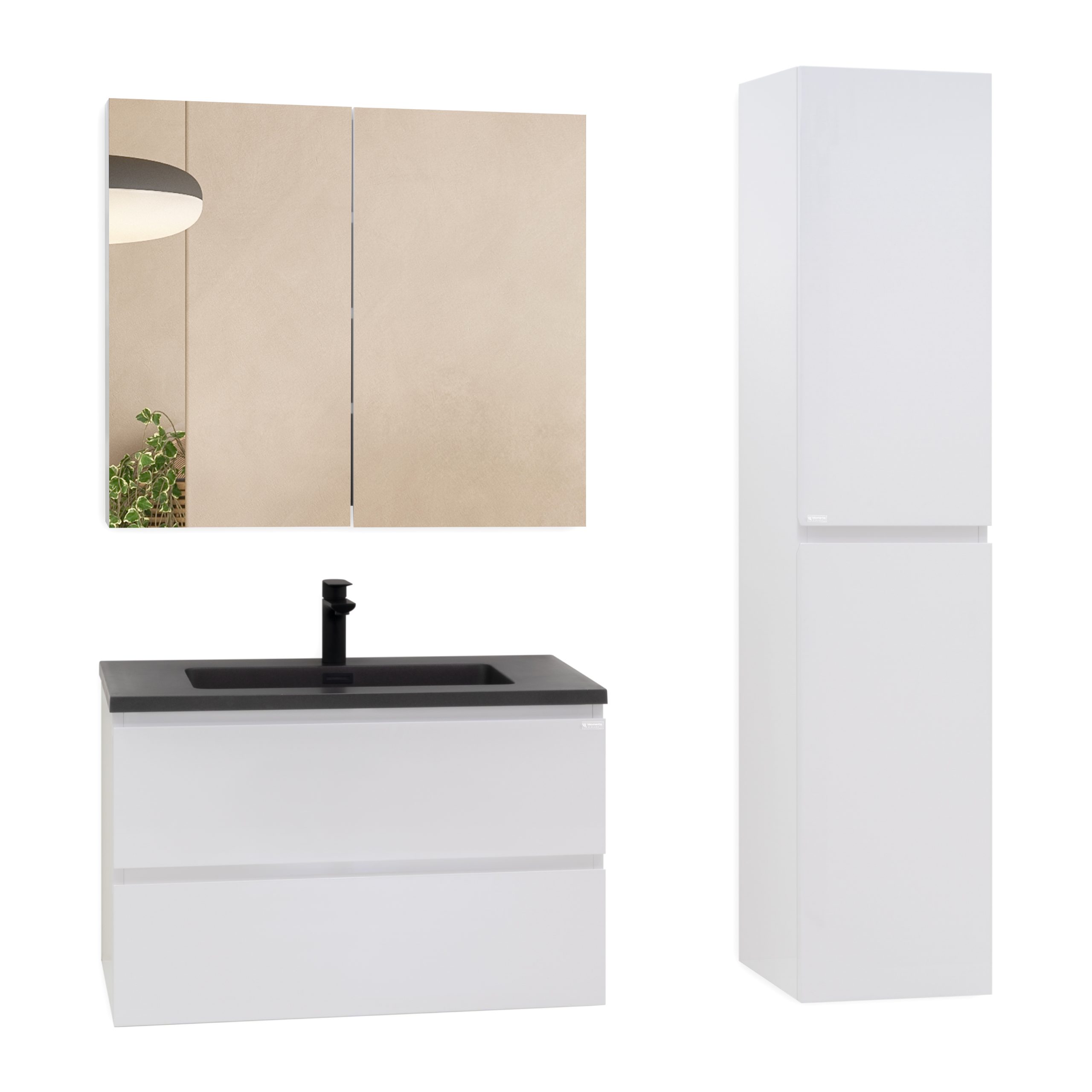 Badmöbel-Set Atena [60/80/100 cm] mit Mineralharz-Waschbecken in Hochglanz Weiß, Unterschrank mit Spiegel und hängendem Hochschrank in Weiß zur Aufbewahrung 80 cm