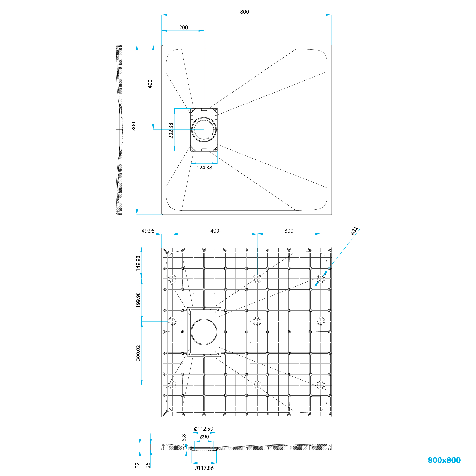 SMC Duschwanne Boreal in Stein-Optik inkl. Ablaufgarnitur - Schwarz 80x80 cm