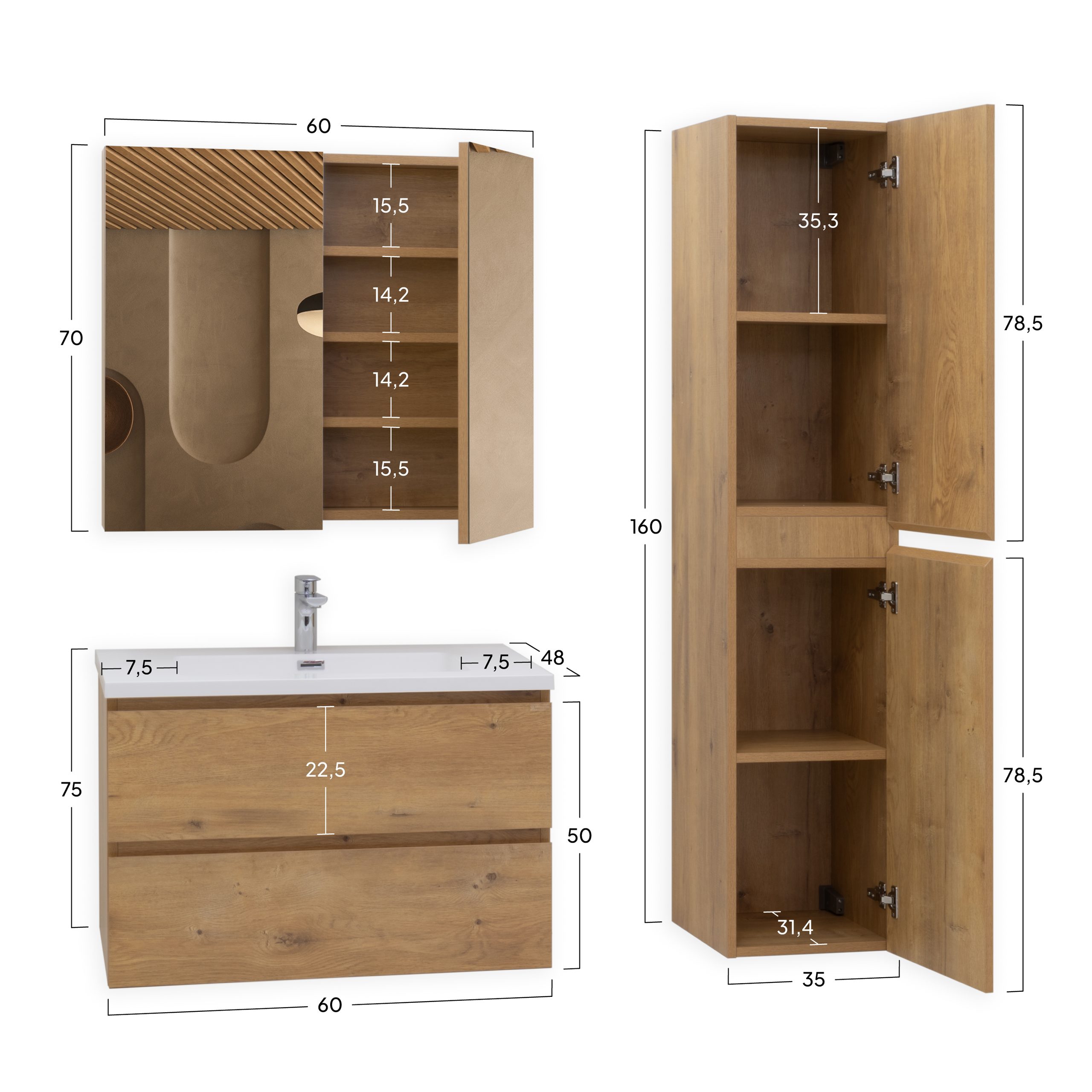 Badmöbel-Set Atena [60/80/100 cm] mit Mineralharz-Waschbecken in Hochglanz Weiß, Unterschrank mit Spiegel und hängendem Hochschrank in Eiche