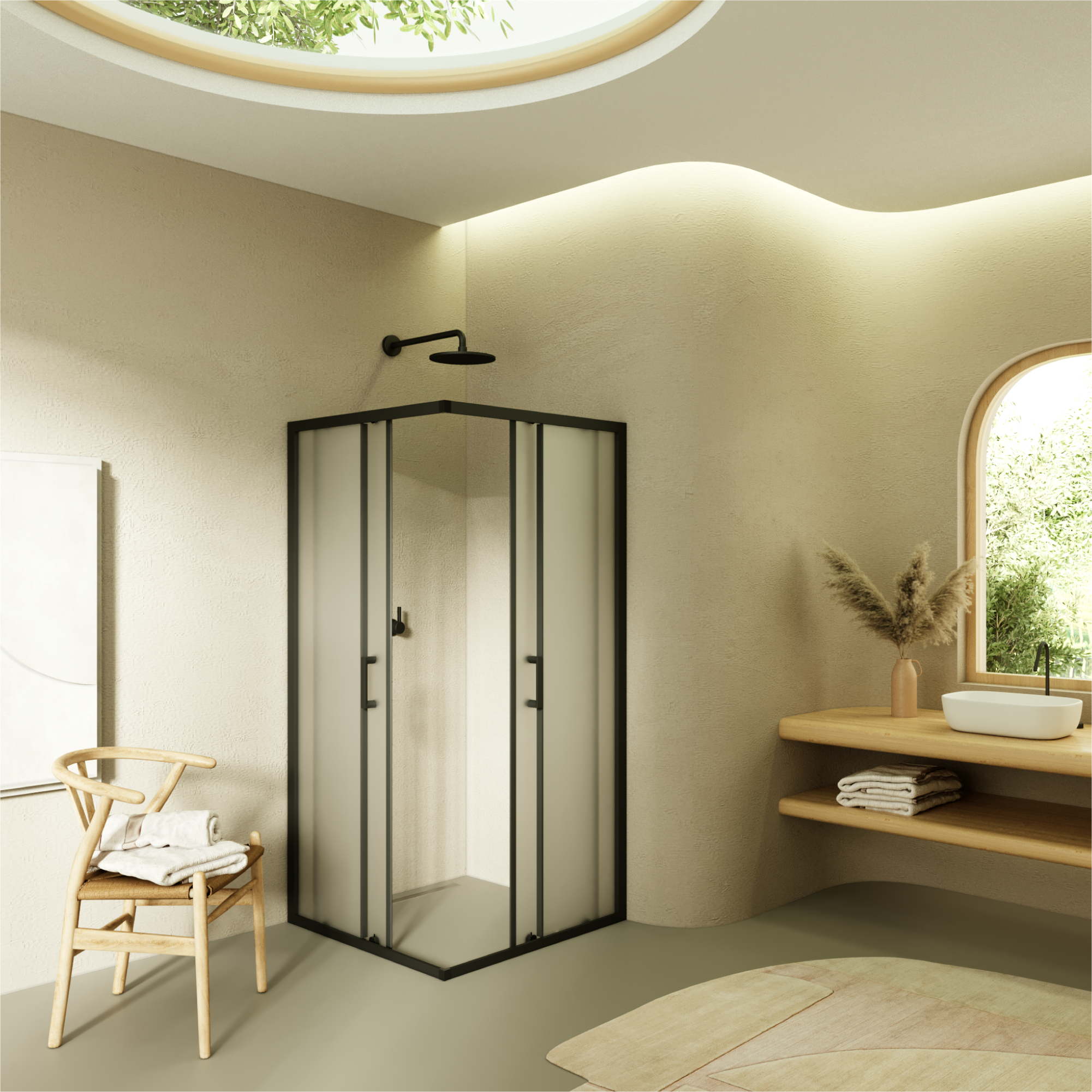 Eckeinstieg Danielle mit Schiebetüren aus satiniertem ESG Sicherheitsglas