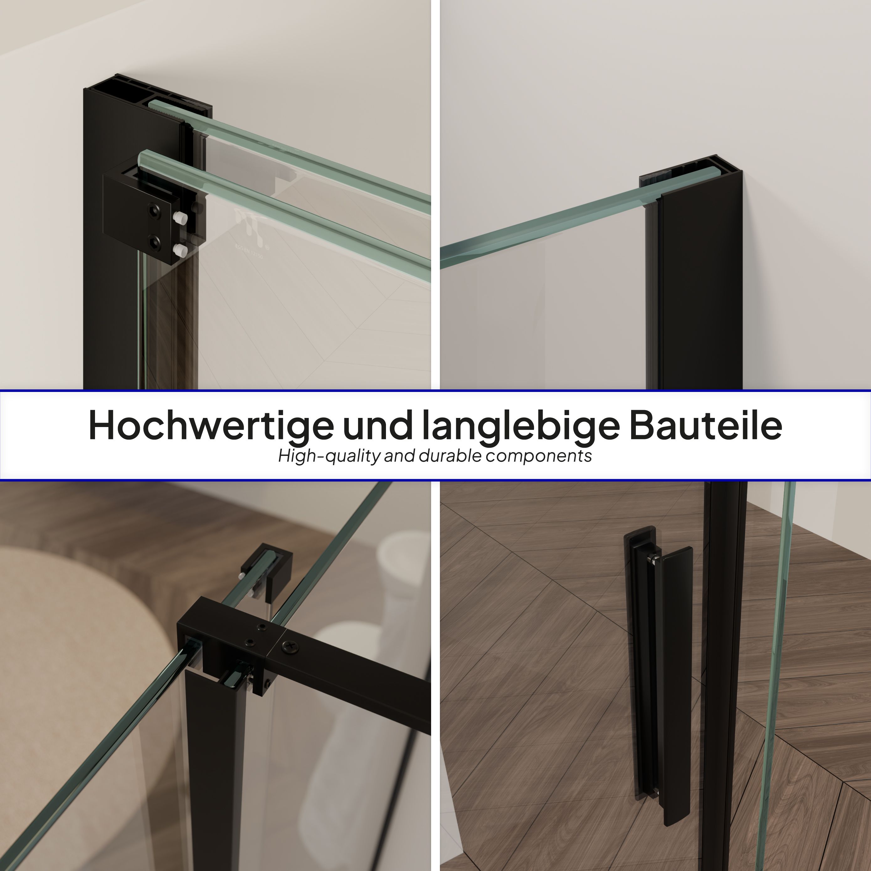 Front-entry NADINE with sliding door in black made of 8mm tempered clear glass. Front-entry NADINE with sliding door in black made of 8mm tempered clear glass.