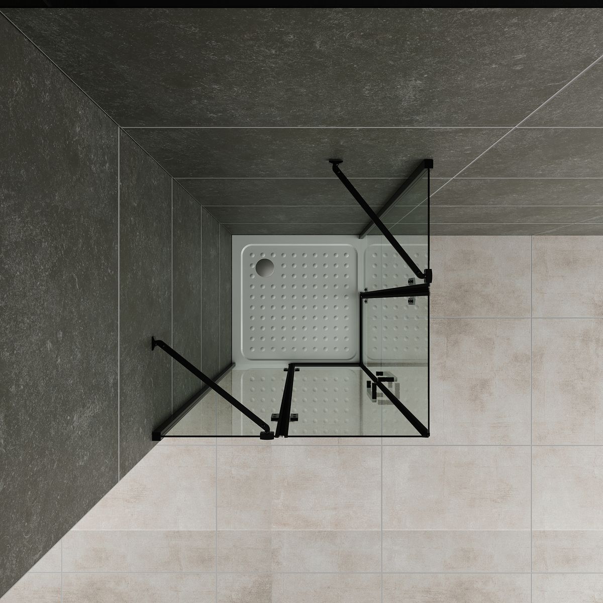 Eckeinstieg Celine mit Klapptüren und schwarzen Profilen aus ESG Sicherheitsglas Eckeinstieg Celine mit Klapptüren und schwarzen Profilen aus ESG Sicherheitsglas