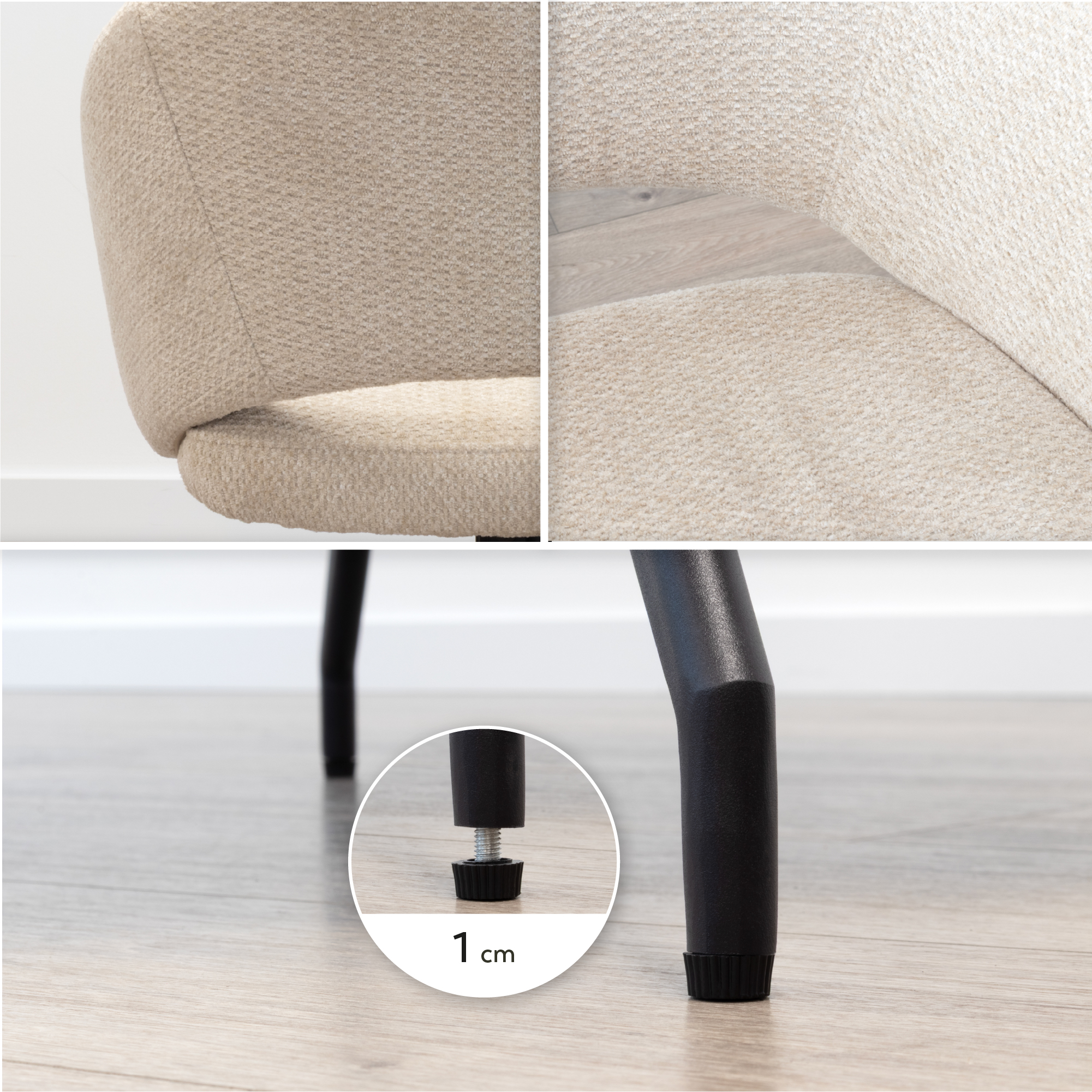 JANE – 2er-Set gepolsterte Esszimmerstühle mit 360° Drehfunktion, beigem Stoffbezug und schwarzem Metallgestell JANE – 2er-Set gepolsterte Esszimmerstühle mit 360° Drehfunktion, beigem Stoffbezug und schwarzem Metallgestell