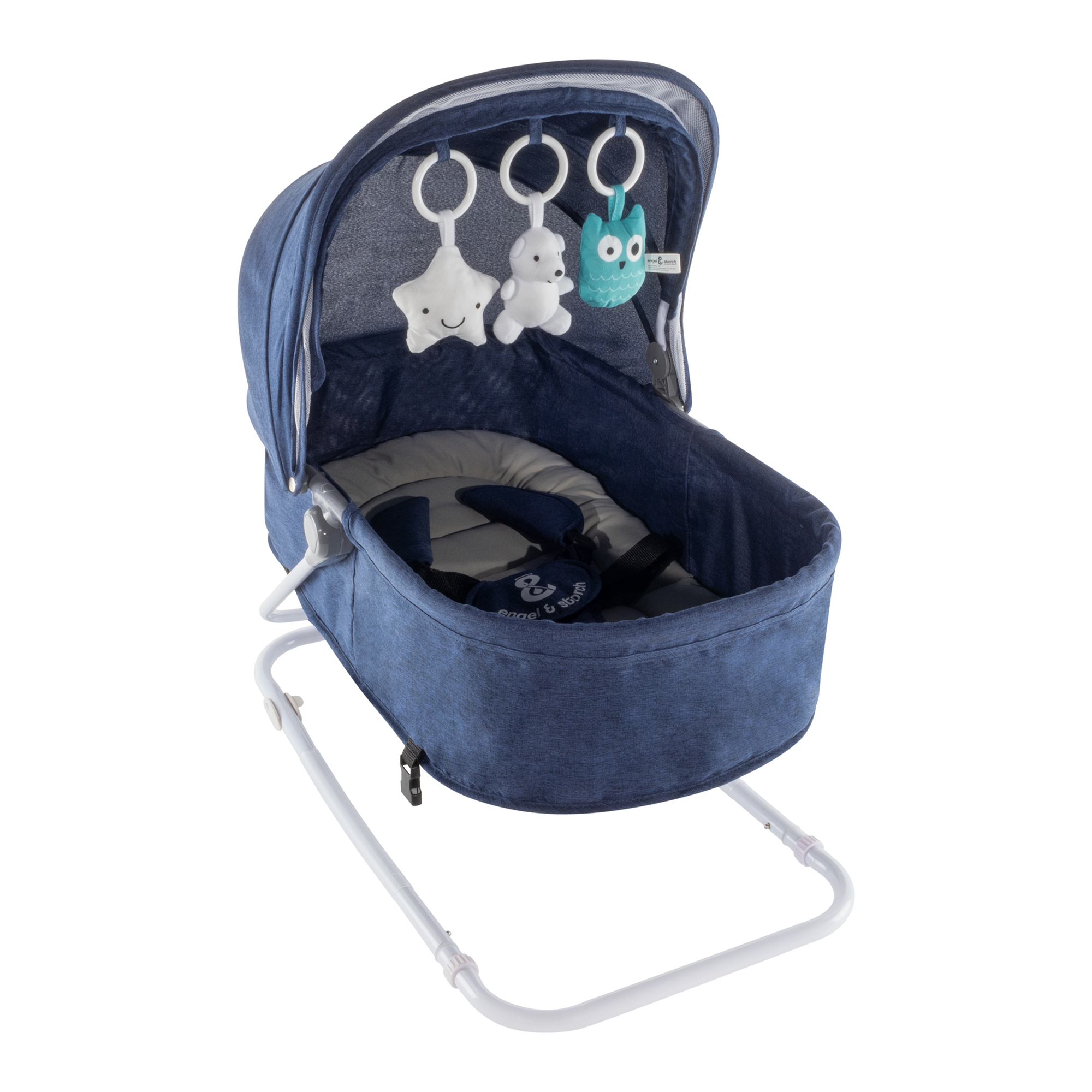 Babywippe PAVO mit Wiegenfunktion und Spielebogen Blau + Grau Babywippe PAVO mit Wiegenfunktion und Spielebogen Blau + Grau