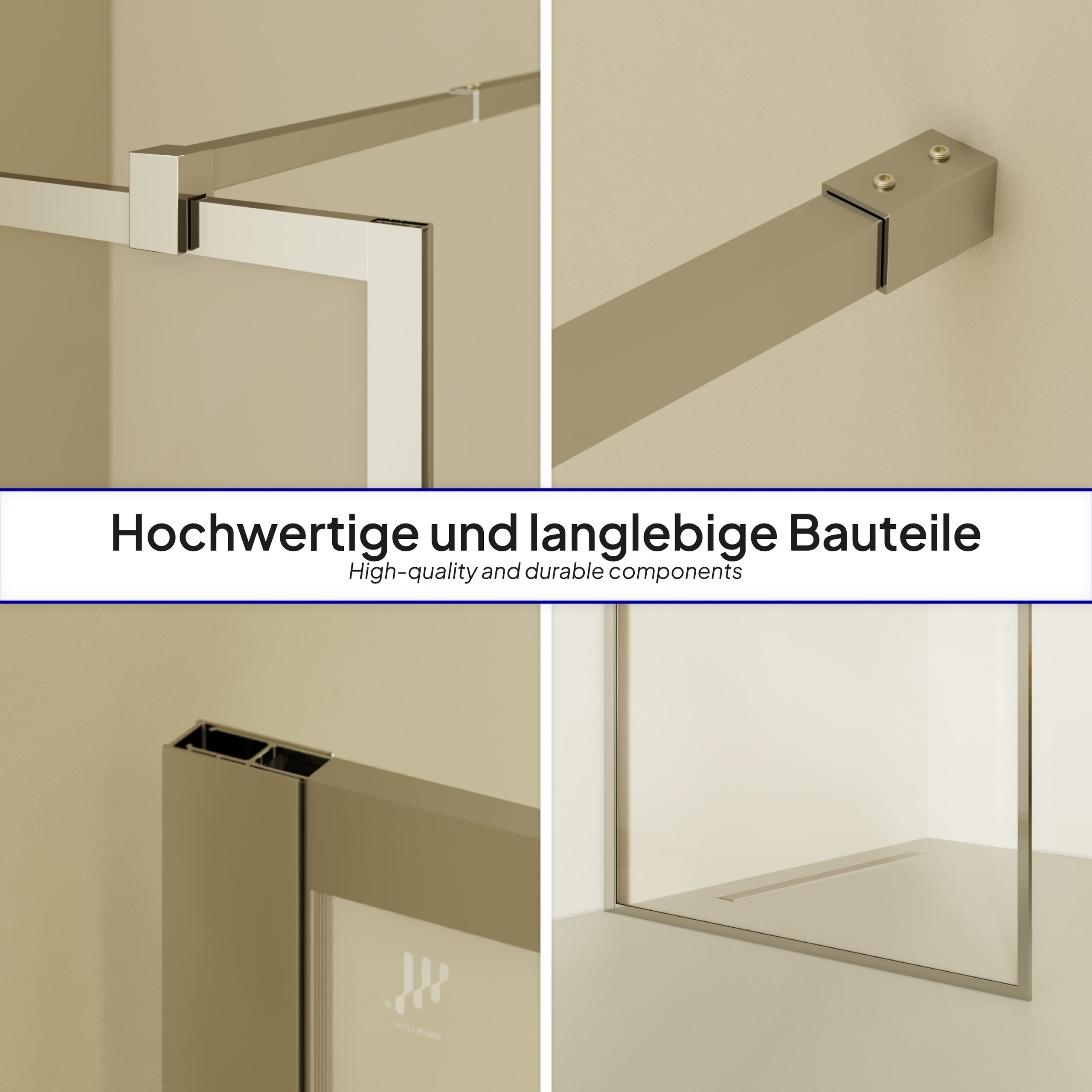 Walk-In Shower Gianna made of 8 mm thick transparent ESG safety glass. Gianna – Walk In Dusche aus 8 mm starkem durchsichtigem ESG Sicherheitsglas