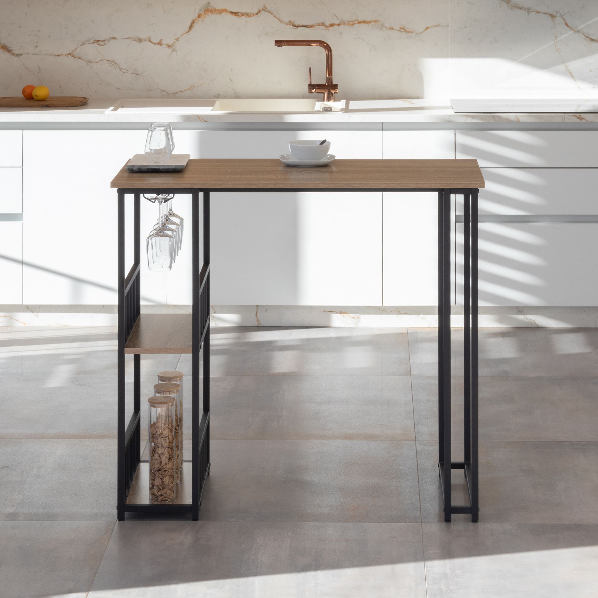 i-flair Stehtisch Bartisch Gavin – Stehtisch mit Stahlrahmen und 2 Ablageflächen & Glashalter Eiche Bar – i-flair Standing Table Table Gavin – Standing Table with Steel Frame and 2 Shelves & Glass Holder in Oak