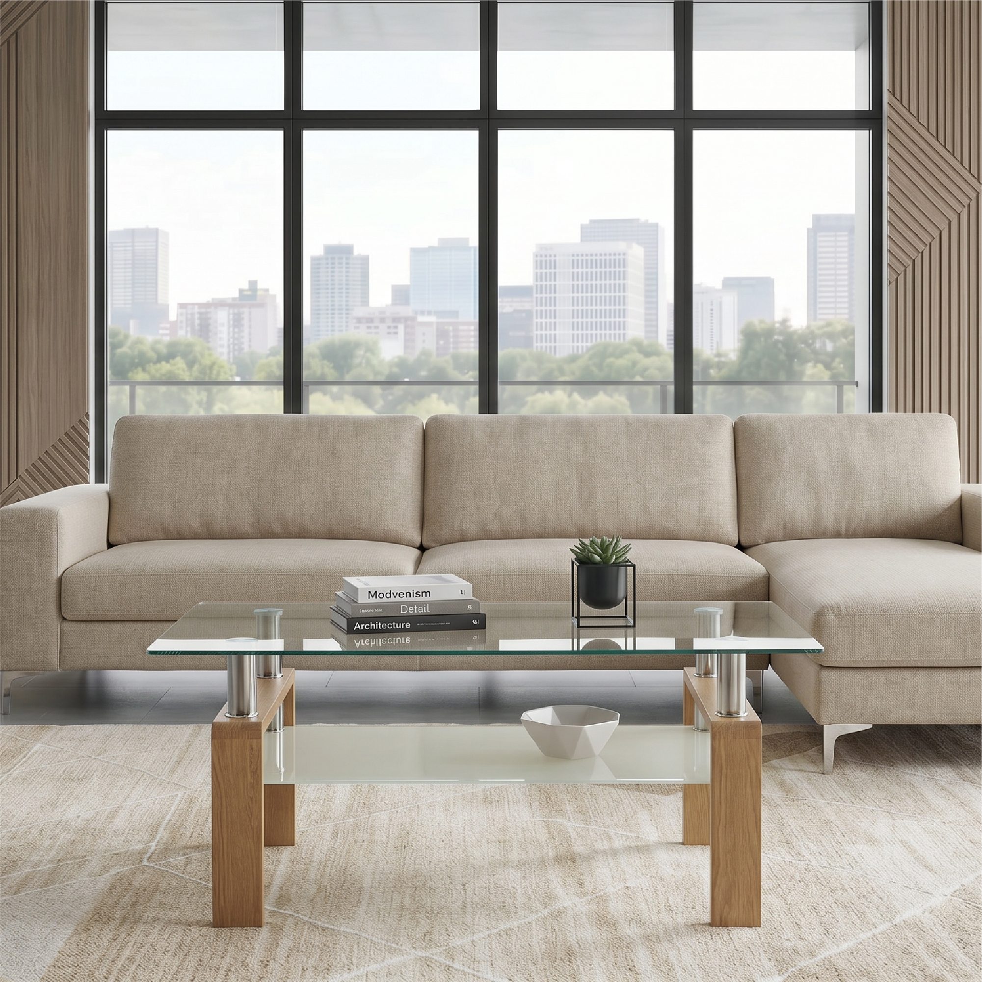 Coffee Table PORTER made of Glass/Metal with Oak-Colored Wood