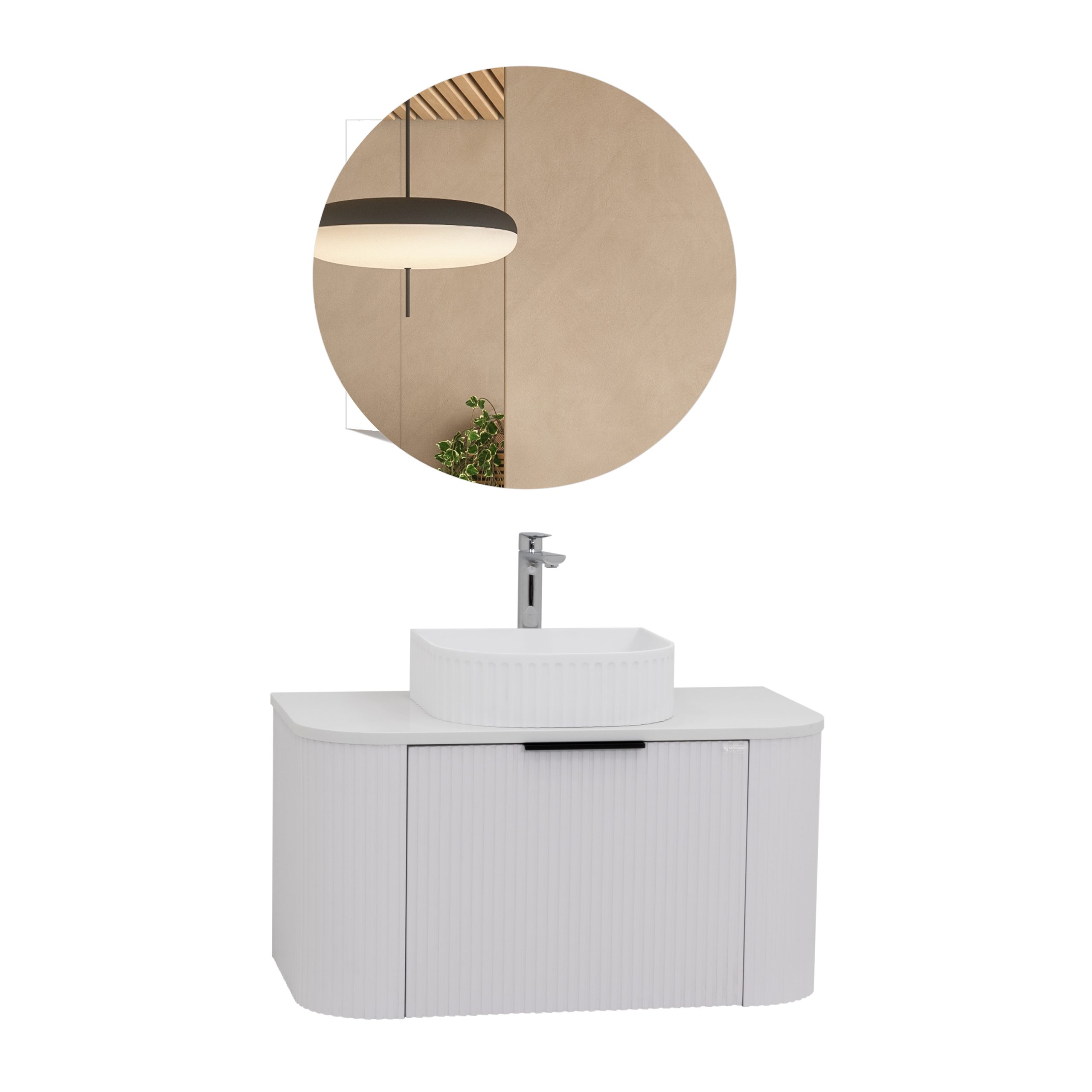 Badmöbel-Set Maia White, wandhängend, mit Steinplatte und Waschtisch aus Mineralguss sowie LED-Spiegel mit Antibeschlagfunktion, gerillte Textur Badmöbel-Set Maia White, wandhängend, mit Steinplatte und Waschtisch aus Mineralguss sowie LED-Spiegel mit Antibeschlagfunktion, gerillte Textur