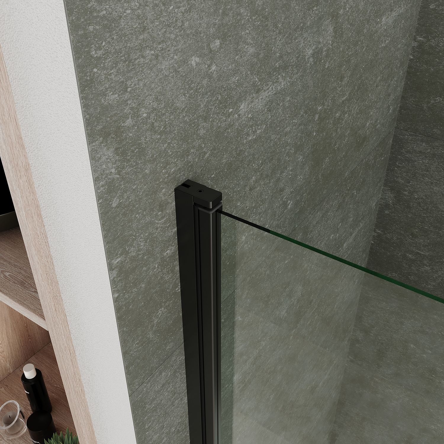 Eckeinstieg Belle mit Falttüren und schwarzen Profilen aus ESG Sicherheitsglas