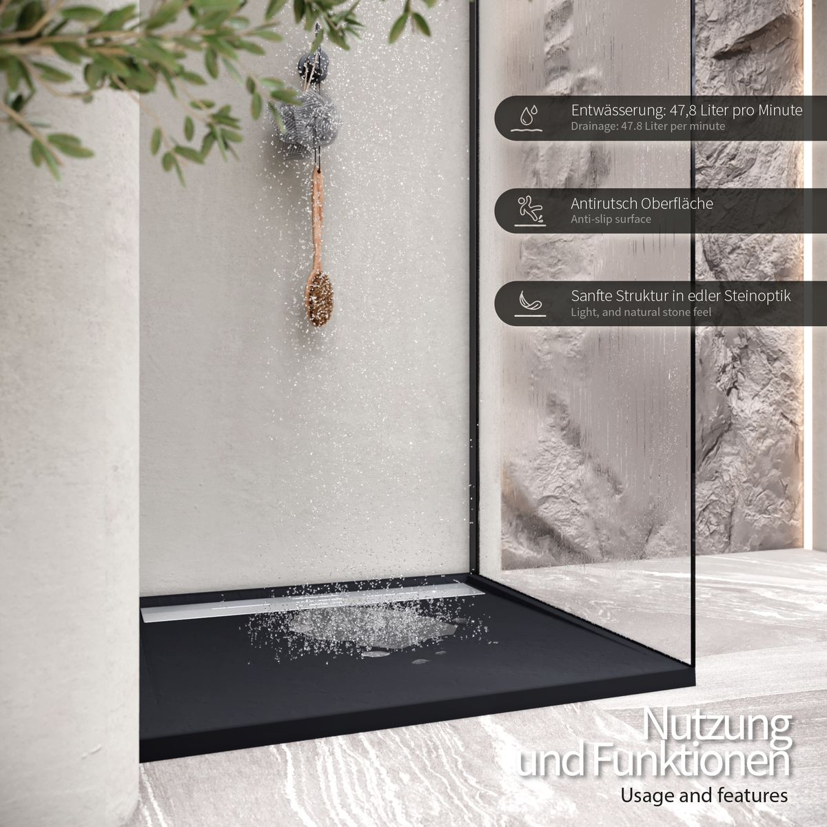 SMC Duschwanne Hiemal in Schieferoptik inkl. Ablaufgarnitur Schwarz mit Edelstahldeckel 90x90 cm