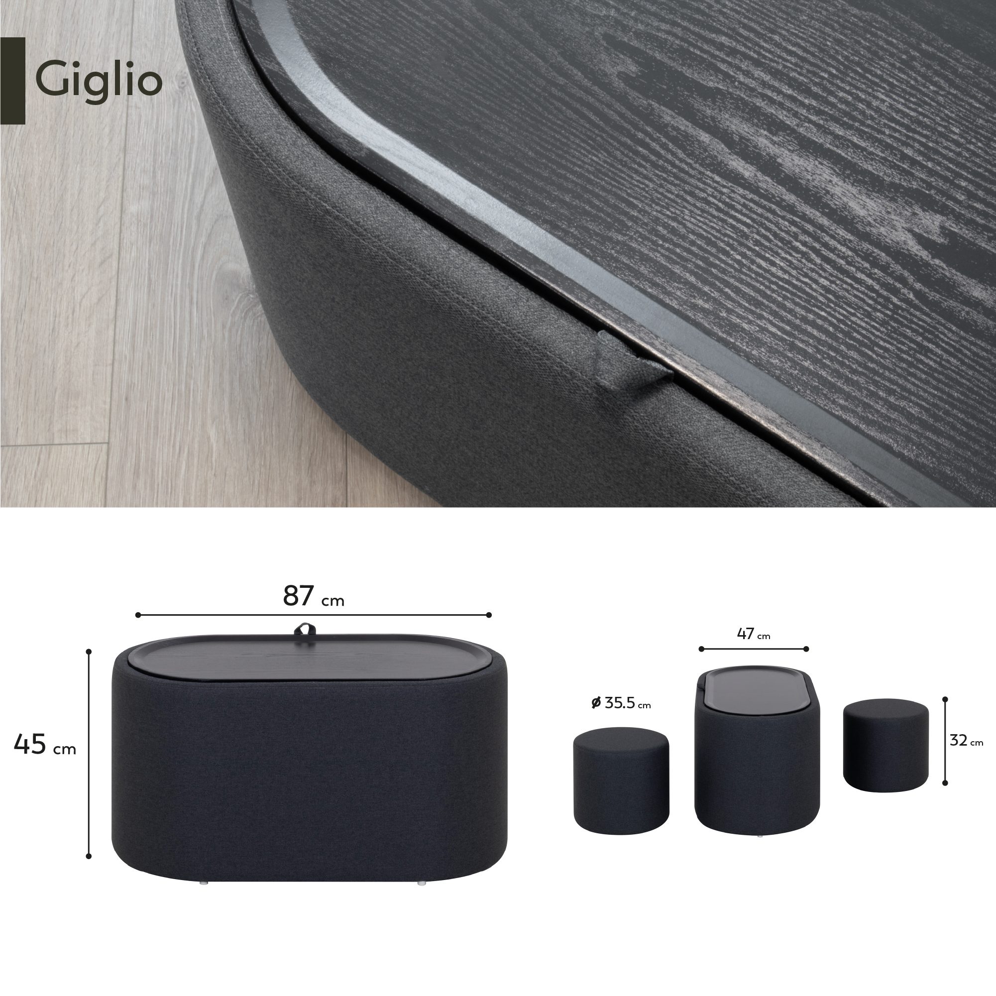 Couchtisch GIGLIO mit 2 Sitzmodulen | Schwarze Tischplatte und gepolsterte Struktur