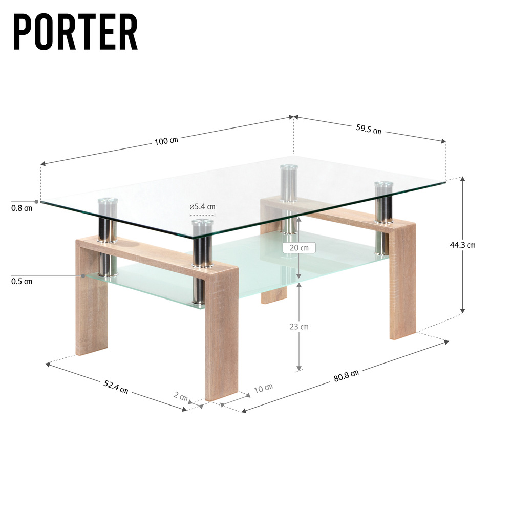 Couchtisch PORTER aus Glas/Metall mit Holz in Eichfarbe Couchtisch PORTER aus Glas/Metall mit Holz in Eichfarbe