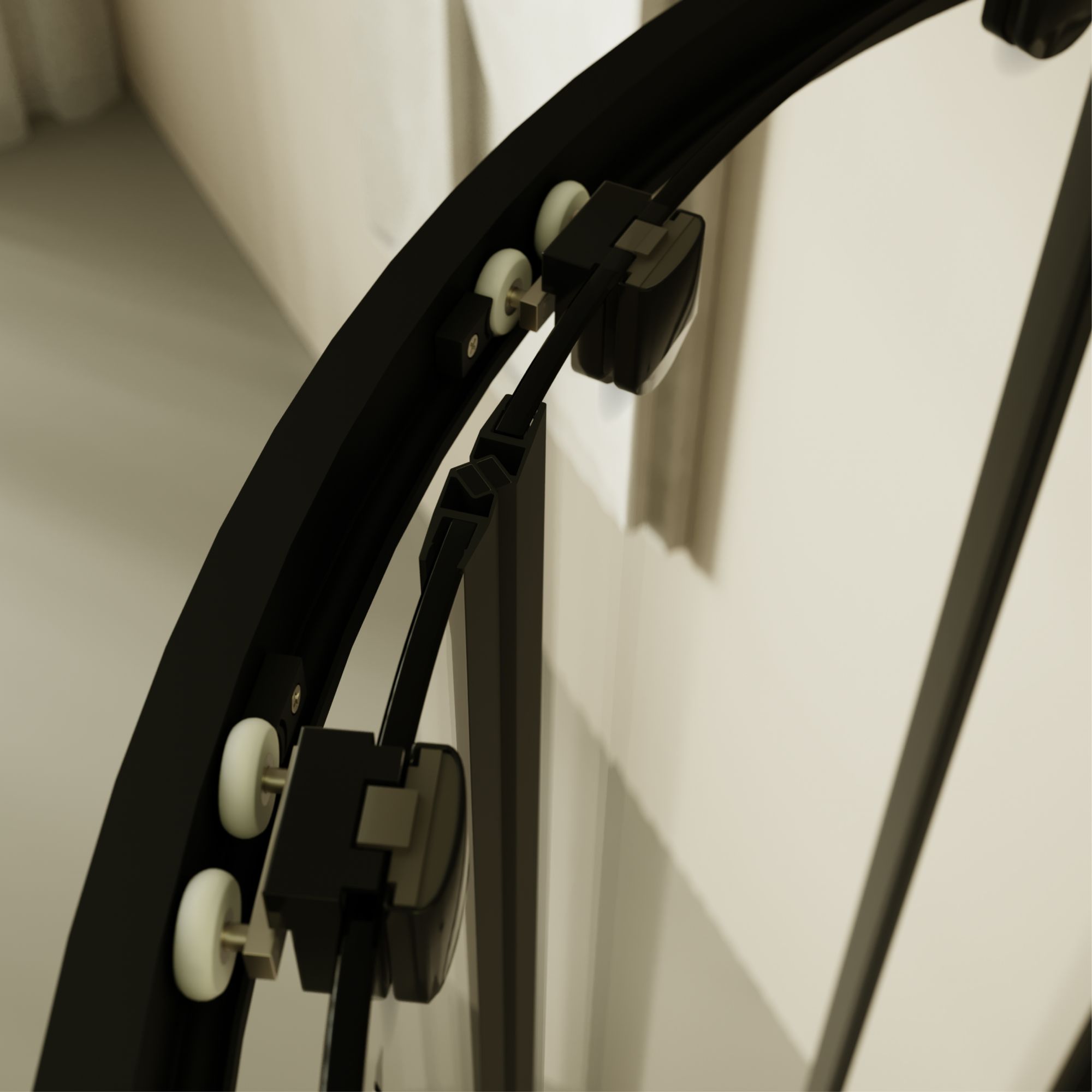 Viertelkreisdusche Ella mit Schiebetüren und schwarzen Profilen aus ESG Sicherheitsglas Viertelkreisdusche Ella mit Schiebetüren und schwarzen Profilen aus ESG Sicherheitsglas