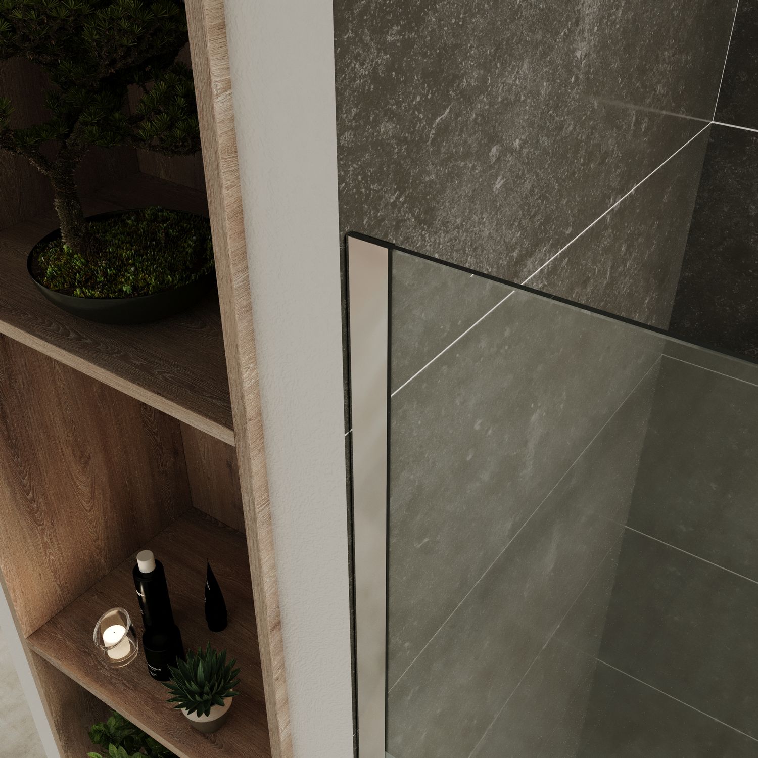 Walk In Dusche FIONA aus 10 mm starkem teilsatiniertem ESG Sicherheitsglas und Edelstahl Profil Walk-In Shower Fiona made of 10 mm thick partially frosted ESG safety glass and stainless steel profile.