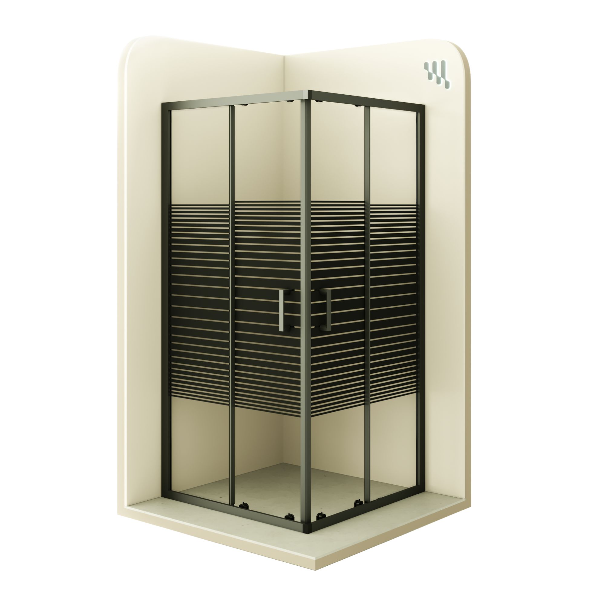 Eckeinstieg Danielle mit Schiebetüren aus schwarz gestreiftem ESG Sicherheitsglas Danielle – Corner entry with sliding doors made of black striped ESG safety glass.